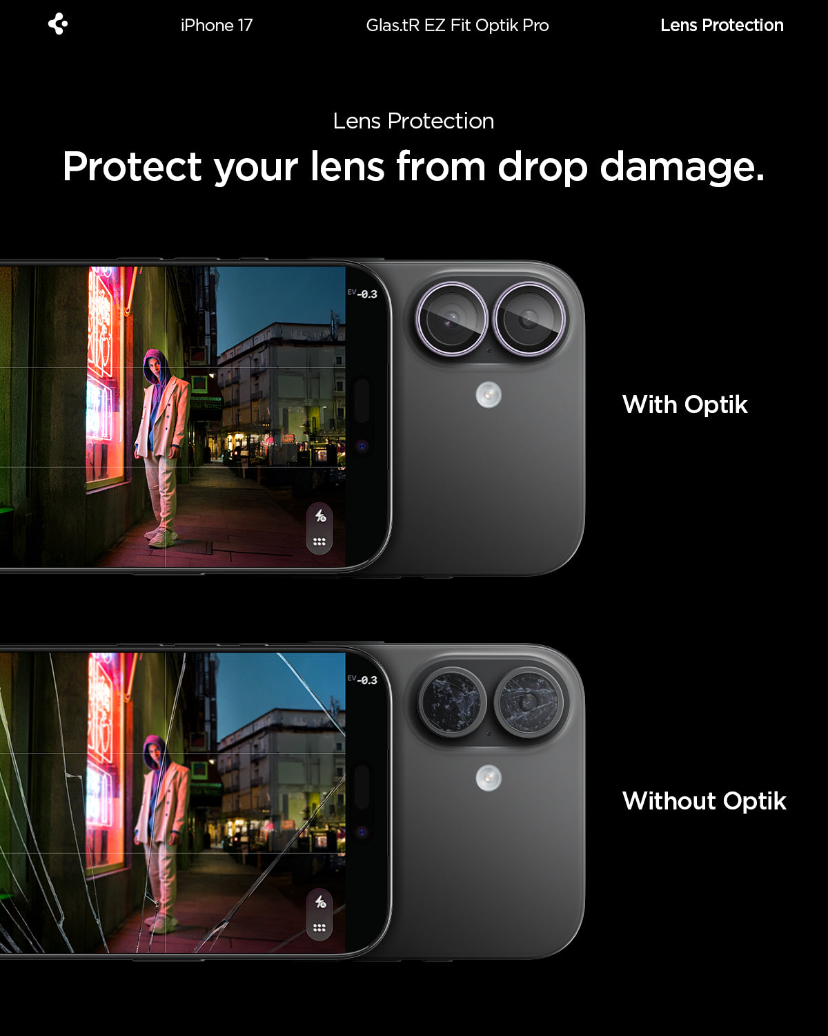 AGL10127 - iPhone 17 Optik Pro EZ Fit Lens Protector showing the lens protection. Protect your lens from drop damage