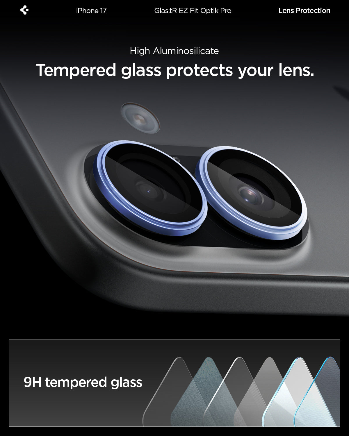 AGL10129 - iPhone 17 Optik Pro EZ Fit Lens Protector showing the high aluminosilicate. Tempered glass protects your lens.
