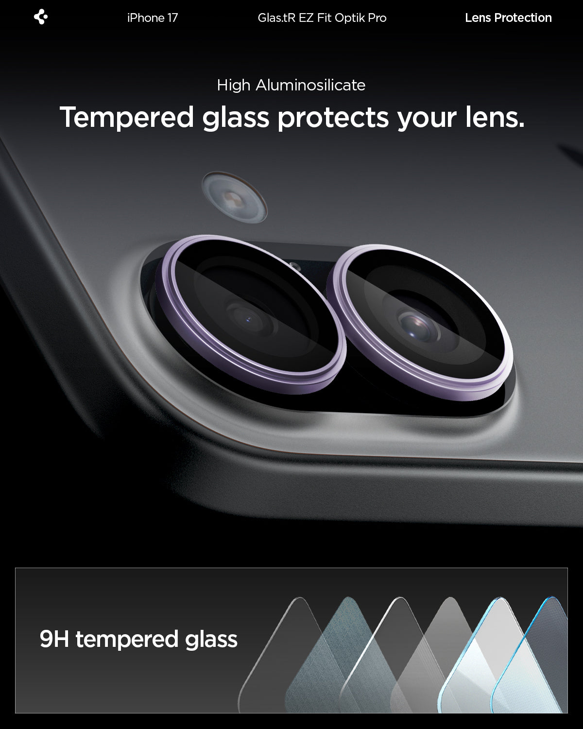 AGL10127 - iPhone 17 Optik Pro EZ Fit Lens Protector showing the high aluminosilicate. Tempered glass protects your lens.