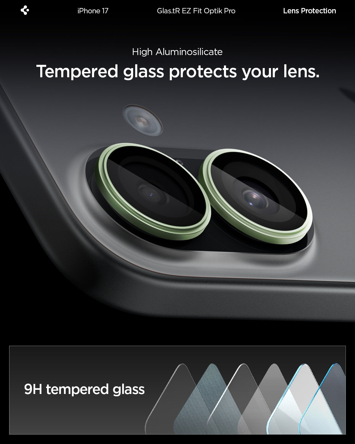 AGL10128 - iPhone 17 Optik Pro EZ Fit Lens Protector showing the high aluminosilicate. Tempered glass protects your lens.
