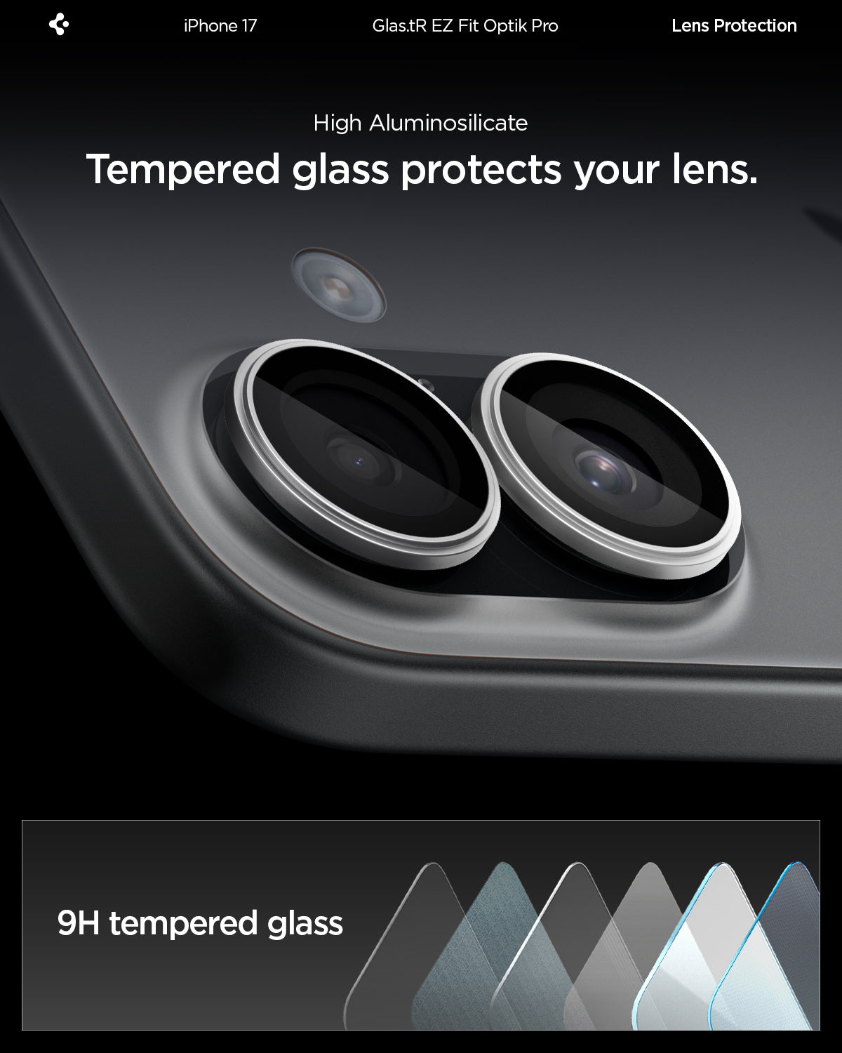 AGL10126 - iPhone 17 Optik Pro EZ Fit Lens Protector showing the high aluminosilicate. Tempered glass protects your lens.