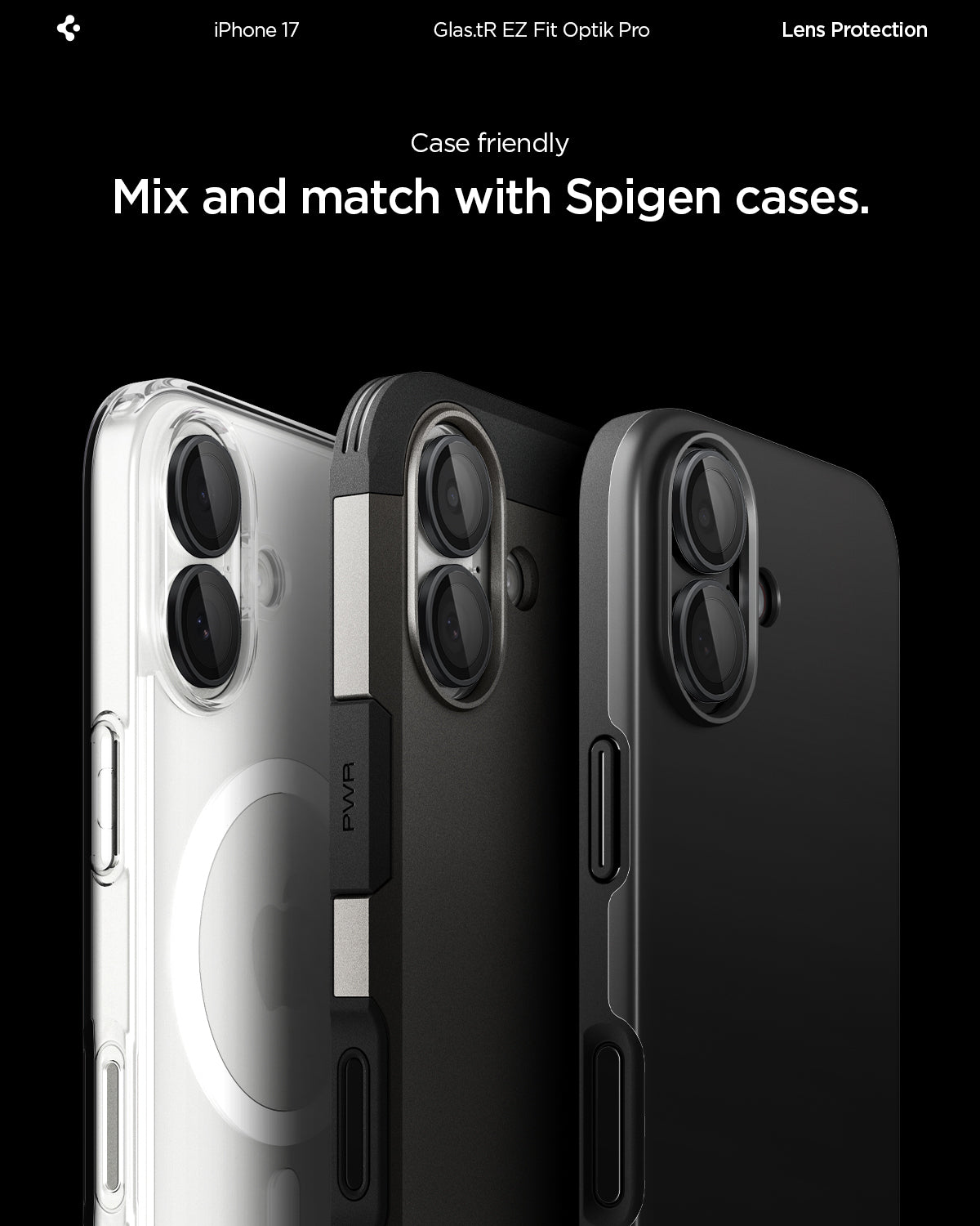AGL07921 - iPhone 17 Optik Pro EZ Fit Lens Protector showing the case friendliness. Mix and match with Spigen cases