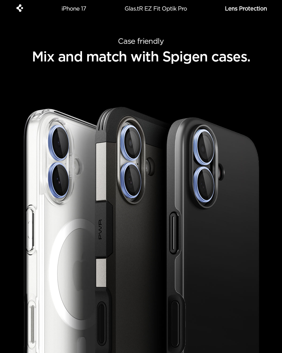 AGL10129 - iPhone 17 Optik Pro EZ Fit Lens Protector showing the case friendliness. Mix and match with Spigen cases