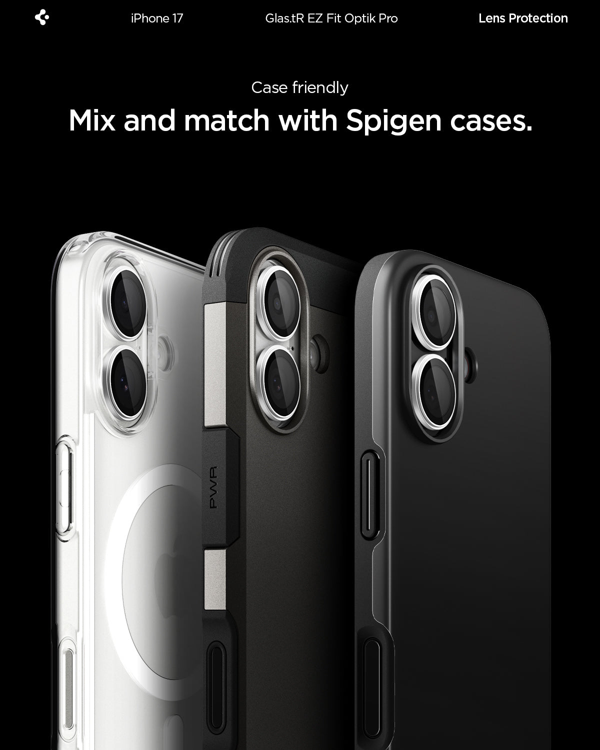 AGL10126 - iPhone 17 Optik Pro EZ Fit Lens Protector showing the case friendliness. Mix and match with Spigen cases