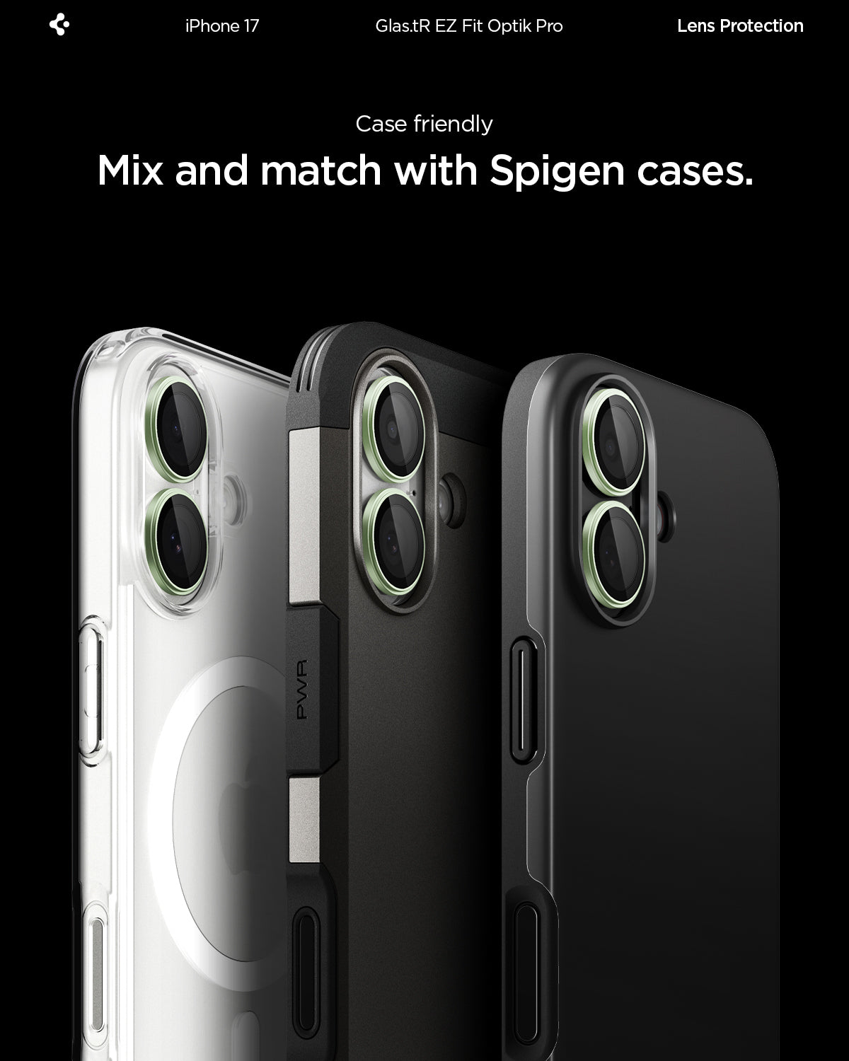 AGL10128 - iPhone 17 Optik Pro EZ Fit Lens Protector showing the case friendliness. Mix and match with Spigen cases