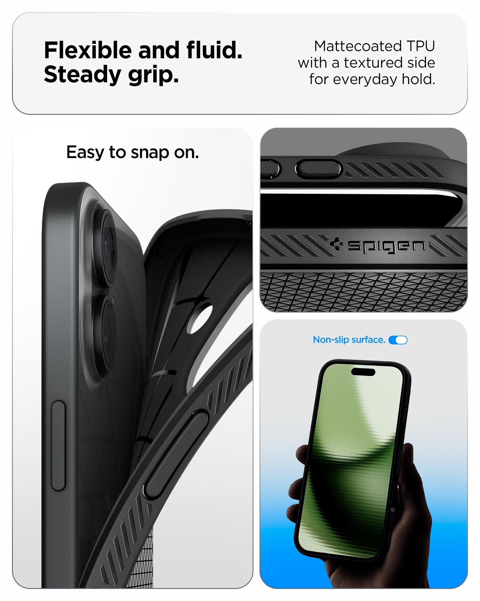 ACS09977 - iPhone 17 Liquid Air in Matte Black showing flexible and fluid steady grip. mattecoated TPU with a textured side for everyday hold.
