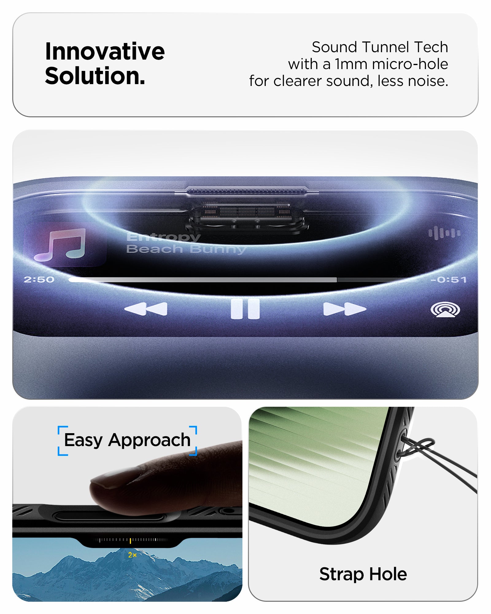 ACS09977 - iPhone 17 Liquid Air in Matte Black showing innovative solution. sound tunnel tech with a 1mm micro hole for cleaner sound, less noise.