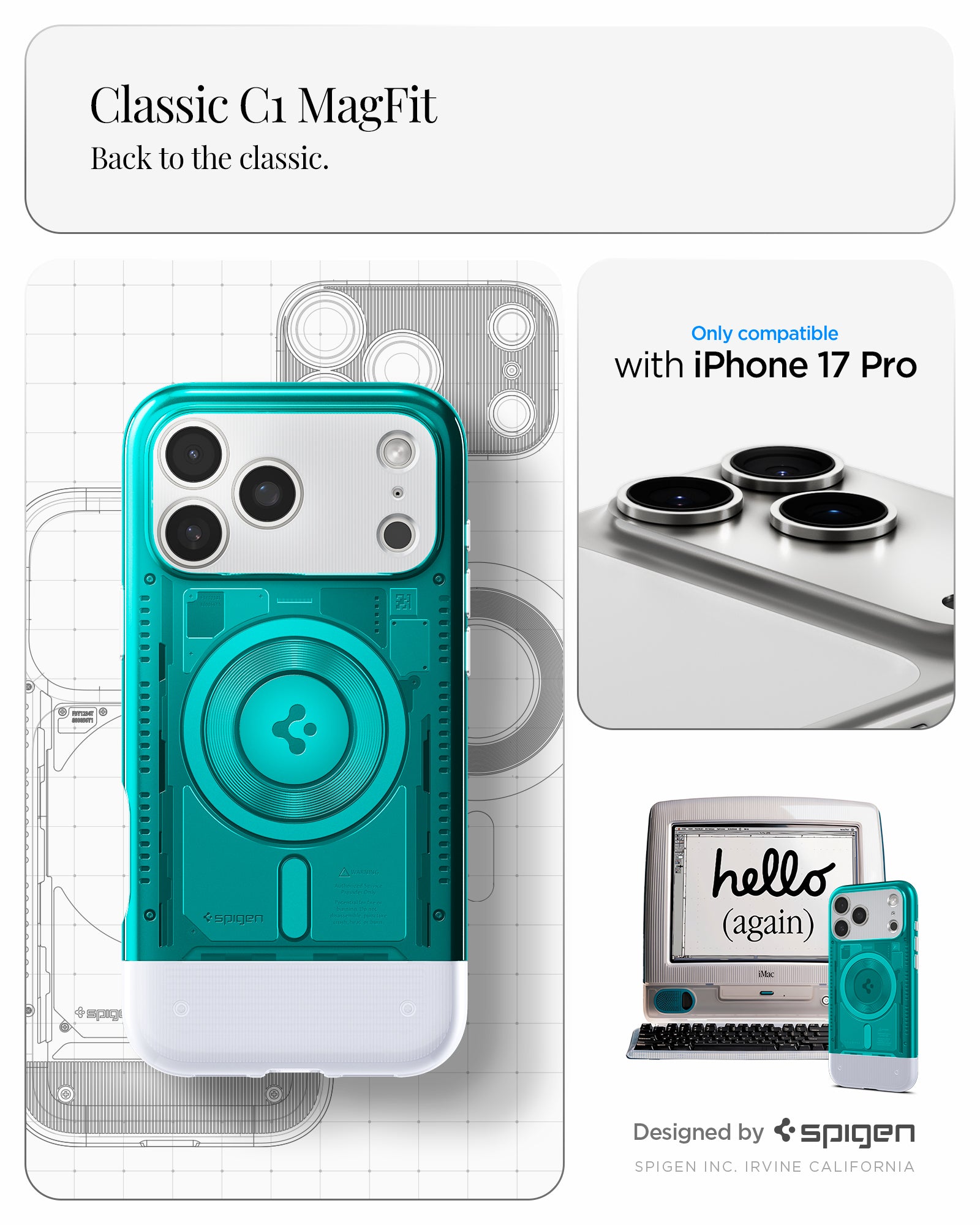 ACS09961 - iPhone 17 Pro Case Classic C1 (MagFit) in bondi blue showing classic C1 magfit. Back to the classic. designed by spigen.