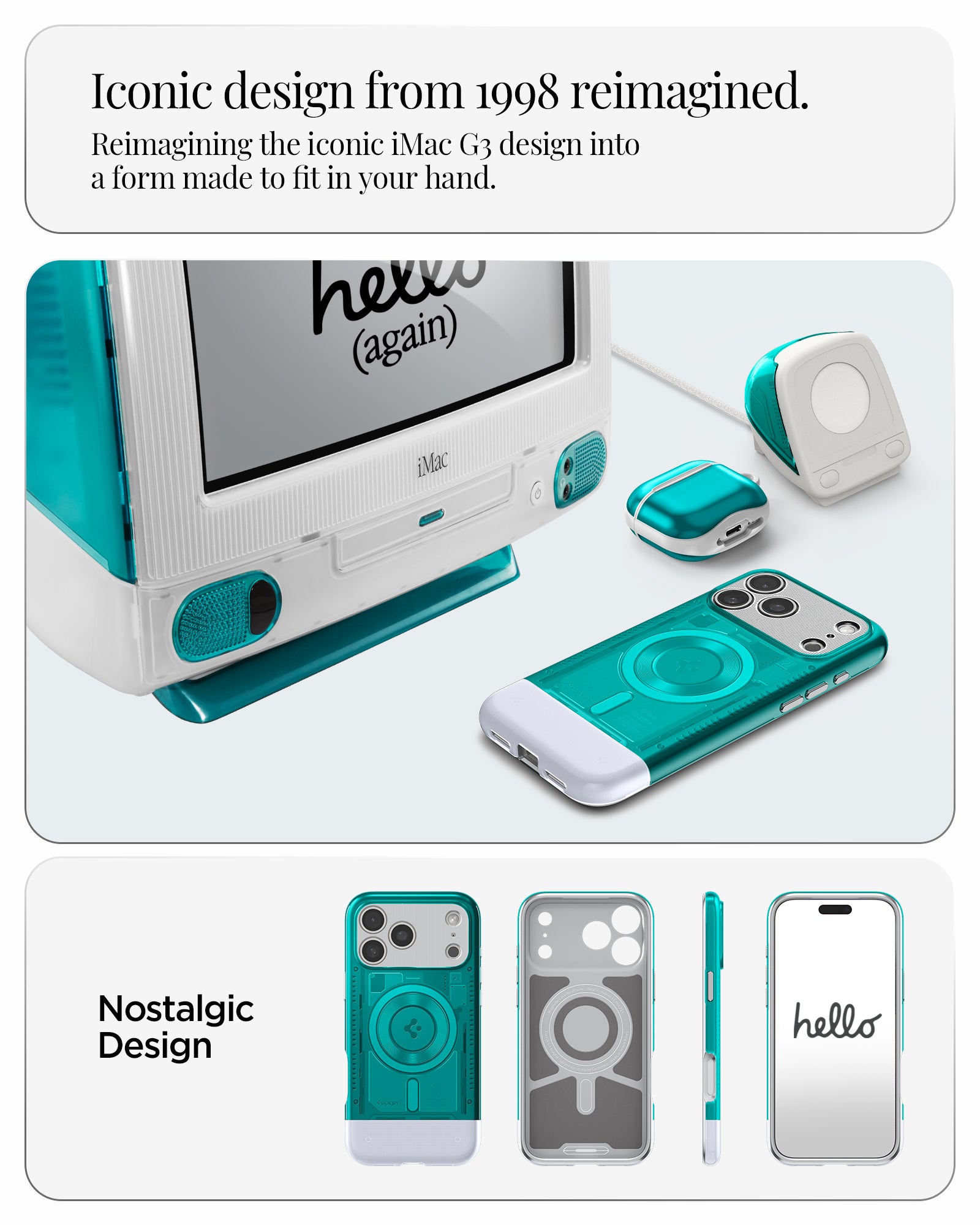 ACS09961 - iPhone 17 Pro Case Classic C1 (MagFit) in bondi blue showing iconic design from 1998 reimagined. reimagining the iconic iMac G3 design into a form made it to fit in your hand. nostalgic design.