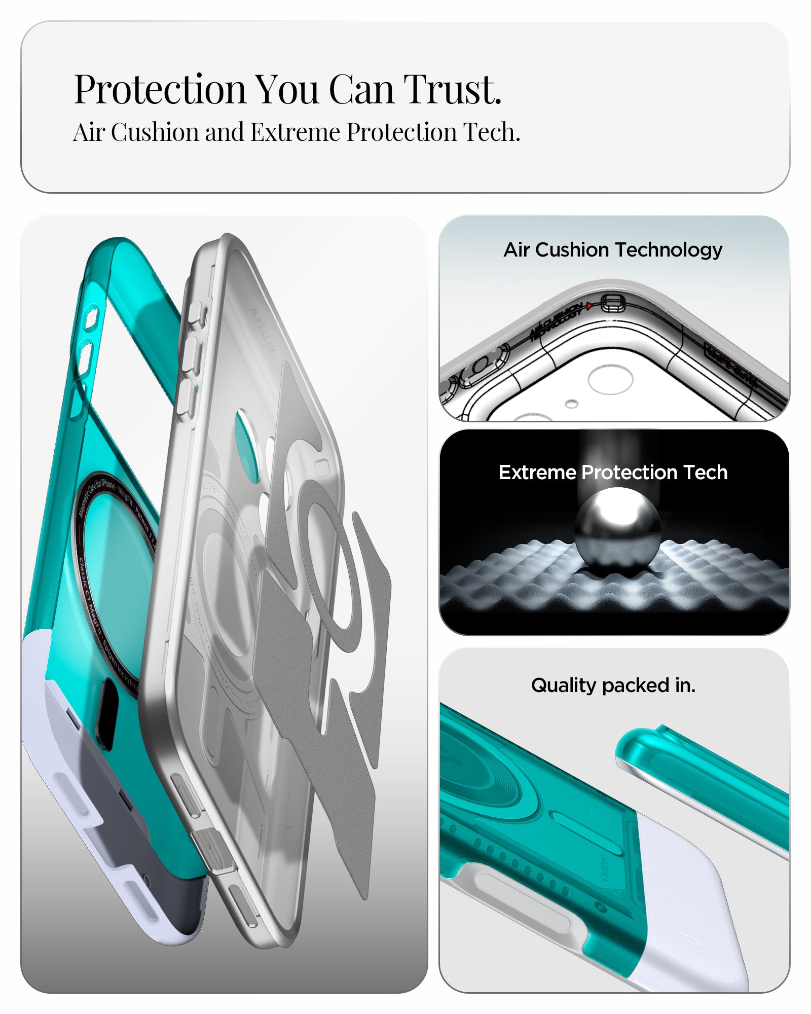 ACS09961 - iPhone 17 Pro Case Classic C1 (MagFit) in bondi blue showing protection you can trust. air cushion and extreme protection tech.