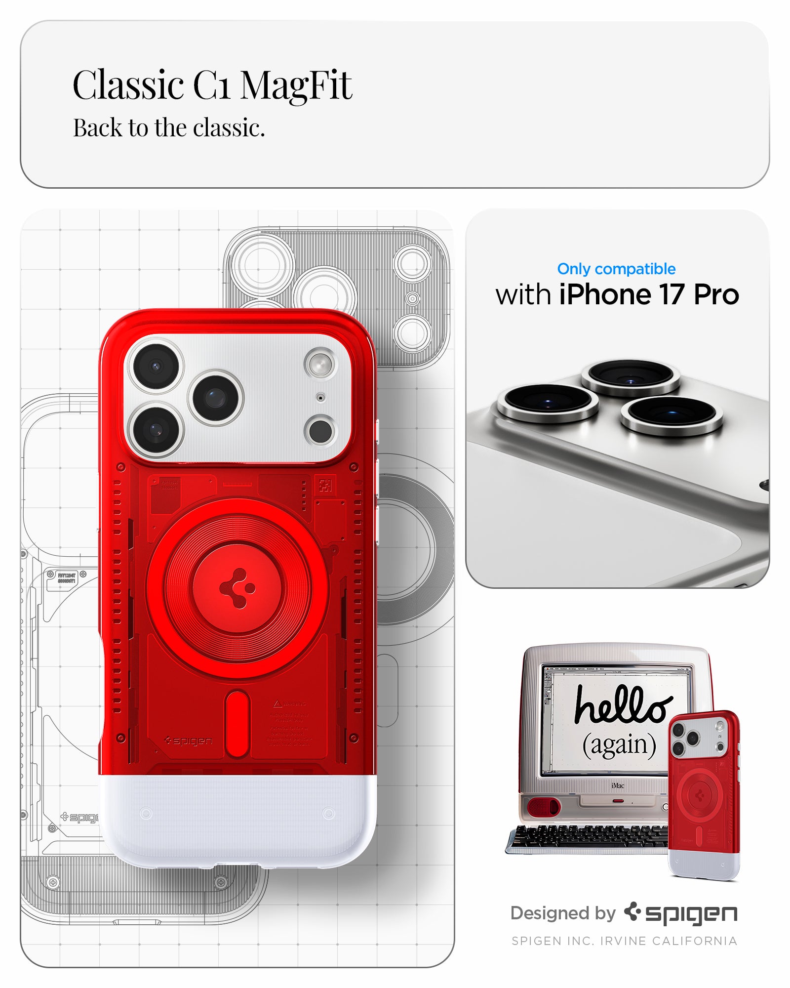 ACS09962 - iPhone 17 Pro Case Classic C1 (MagFit) in ruby showing classic C1 magfit. Back to the classic. designed by spigen.