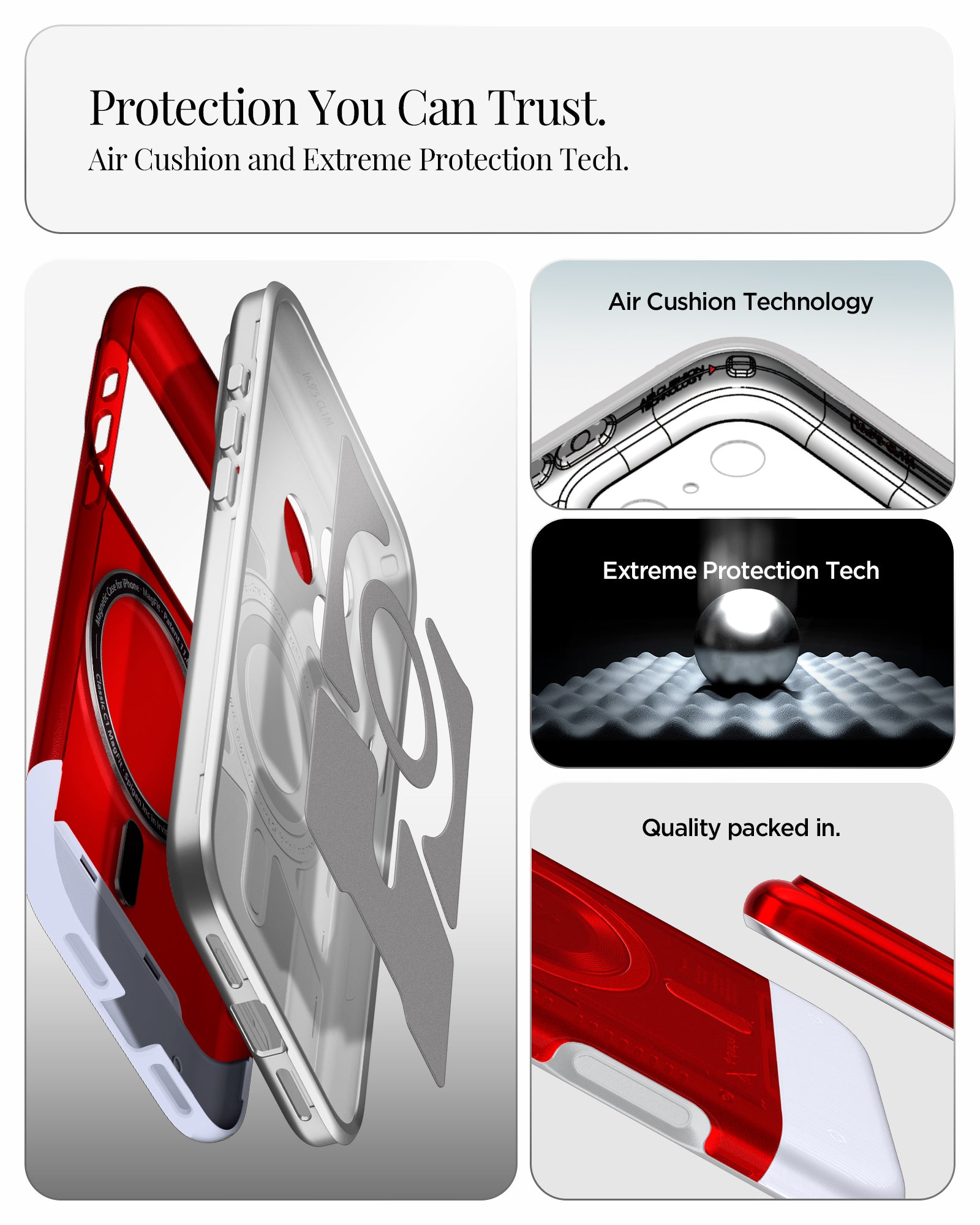 ACS09962 - iPhone 17 Pro Case Classic C1 (MagFit) in ruby showing protection you can trust. air cushion and extreme protection tech.