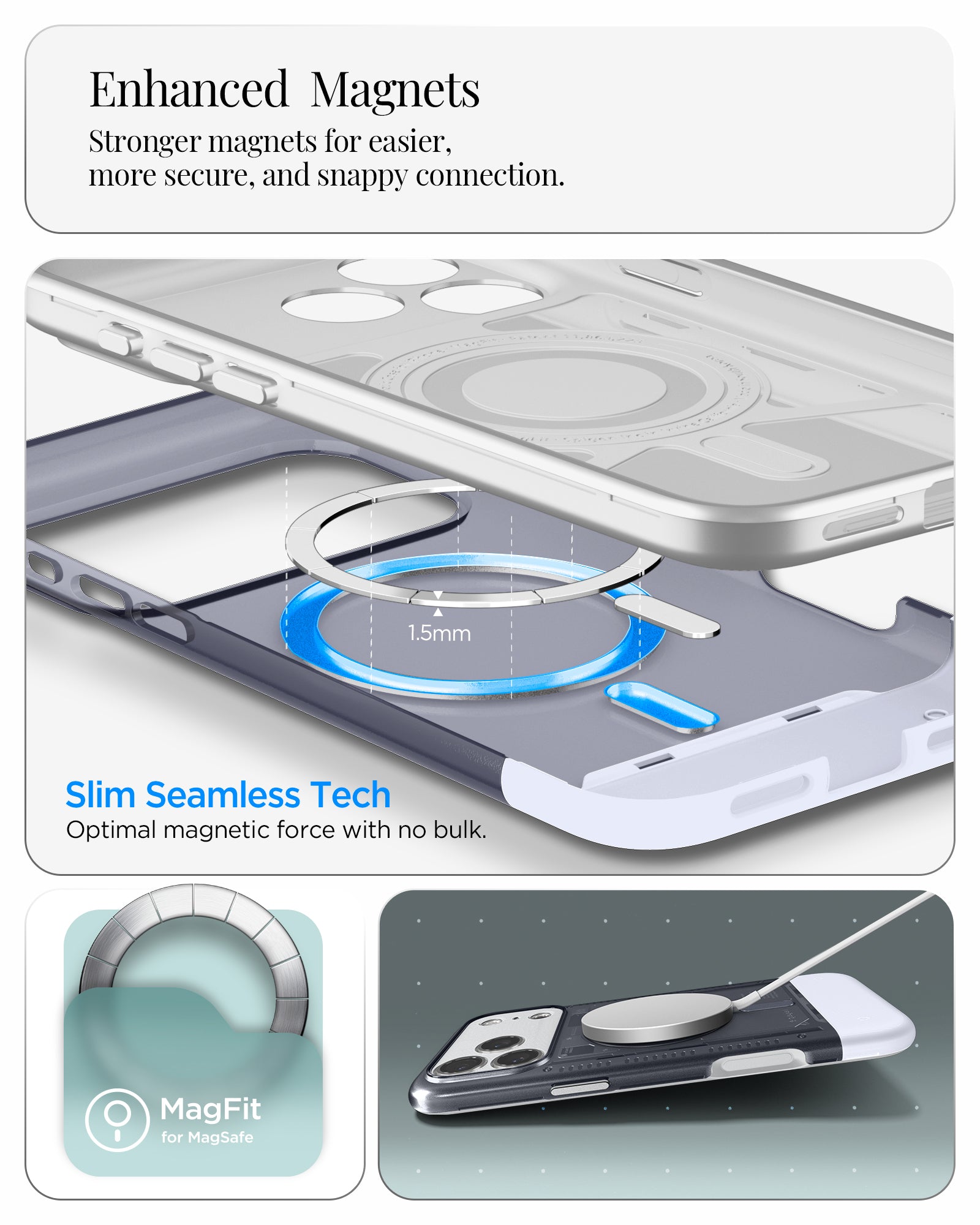 ACS09907 - iPhone 17 Pro Max Case Classic C1 (MagFit) in graphite showing enhanced magnets. stronger magnets for easier more secure and snappy connection. slim seamless tech. optimal magnetic force with no bulk.