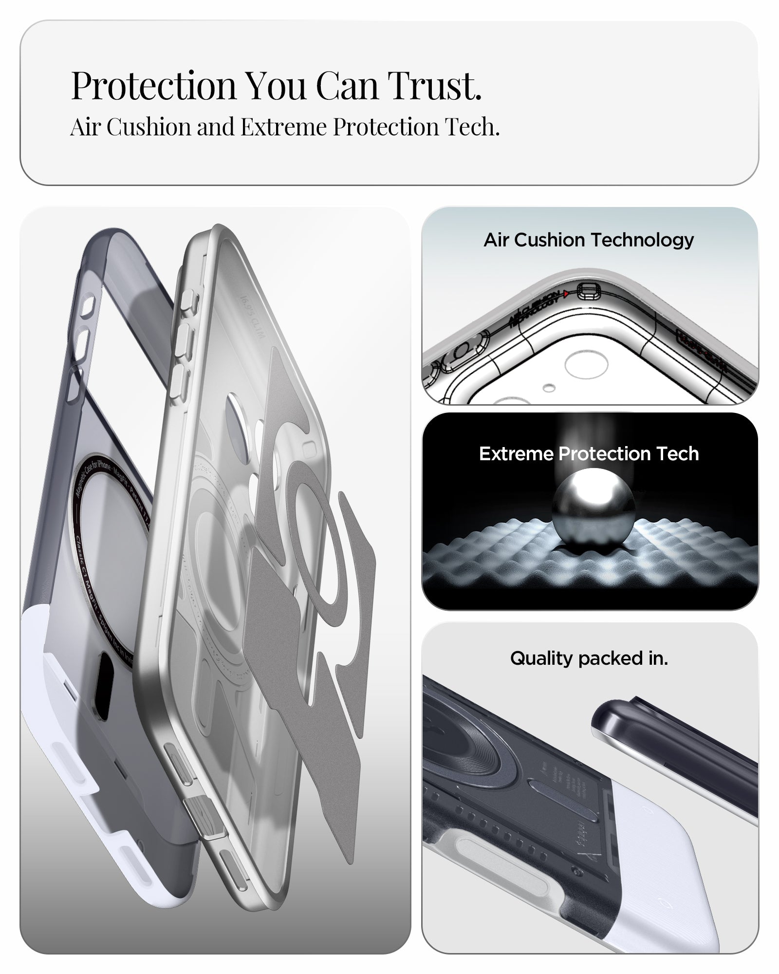 ACS09907 - iPhone 17 Pro Max Case Classic C1 (MagFit) in graphite showing protection you can trust. air cushion and extreme protection tech.