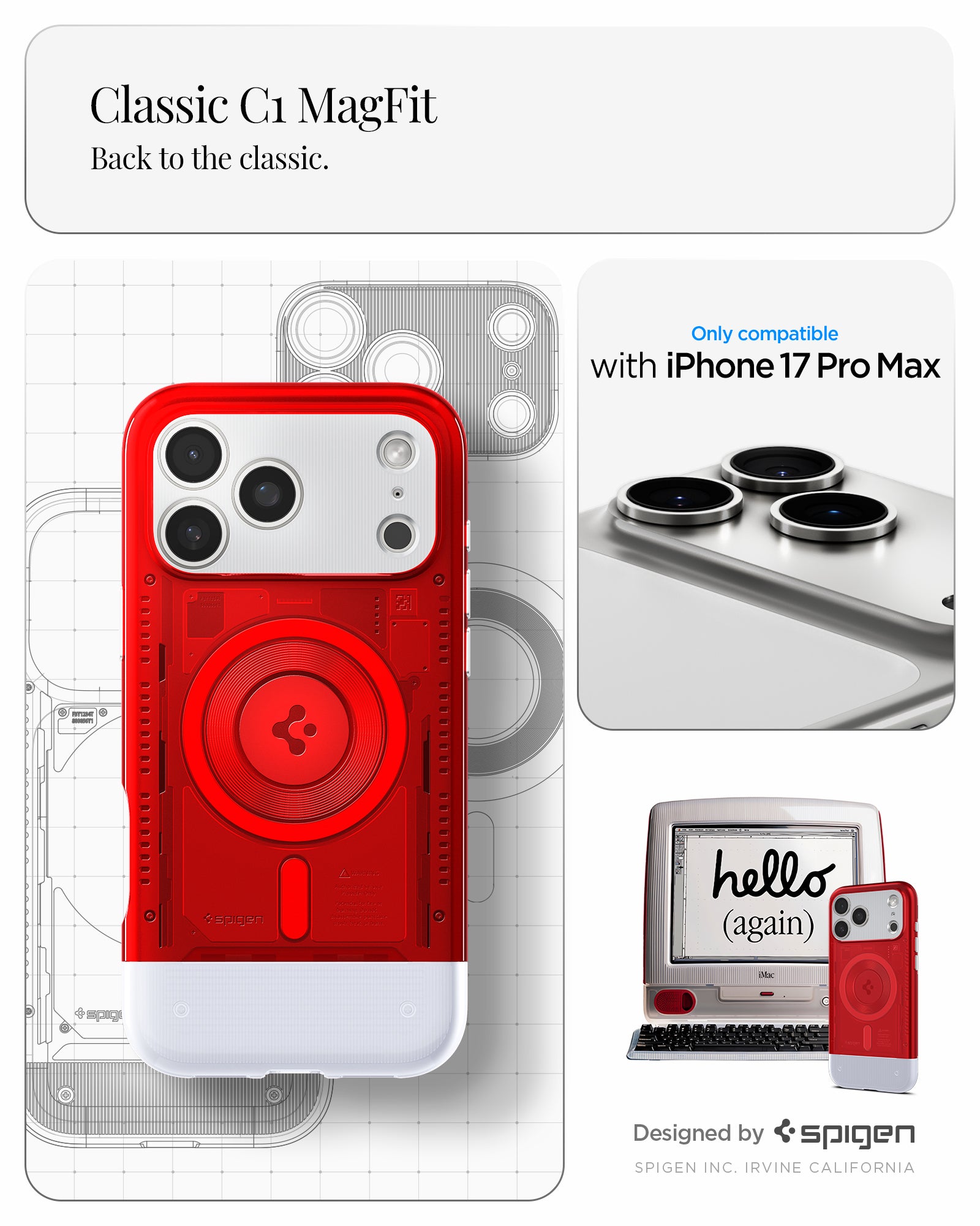 ACS09909 - iPhone 17 Pro Max Case Classic C1 (MagFit) in ruby showing classic C1 magfit. Back to the classic. designed by spigen.