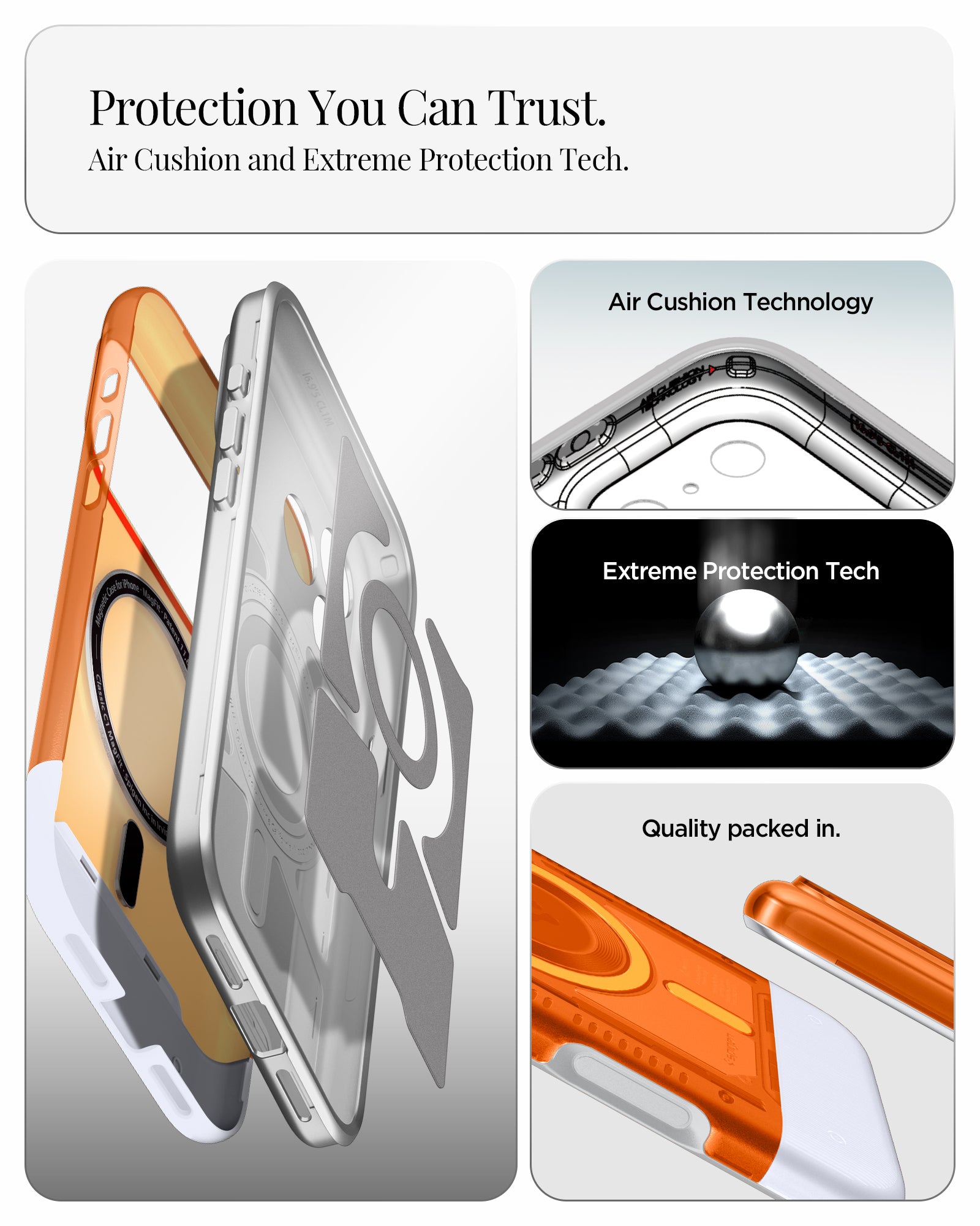 ACS09910 - iPhone 17 Pro Max Case Classic C1 (MagFit) in tangerine showing protection you can trust. air cushion and extreme protection tech.