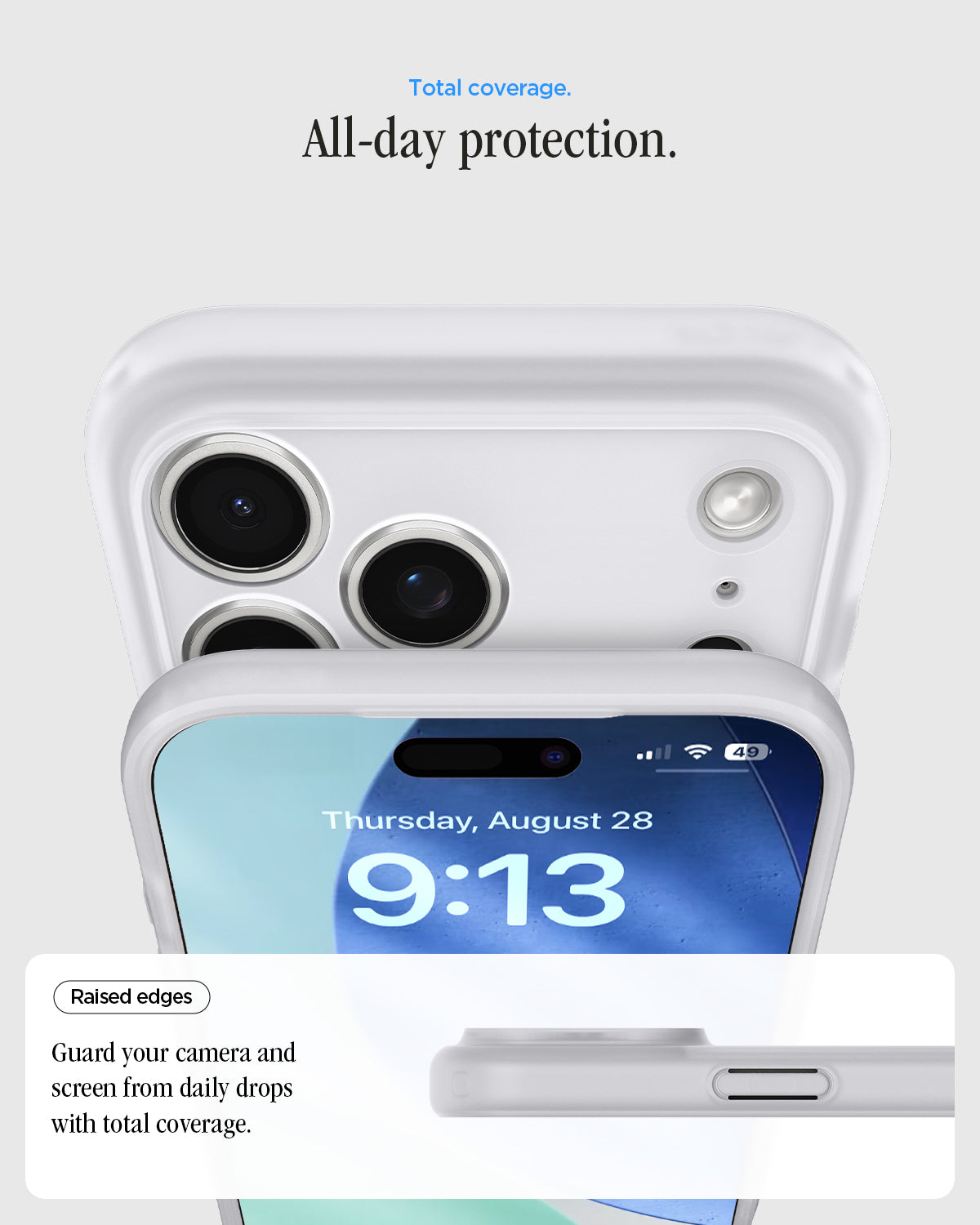 ACS10075 - iPhone 17 Pro Case Ultra Hybrid Classic (MagFit) in Classic Silver showing total coverage. all day protection. raised edges. guard your camera and screen from daily drops with total coverage.