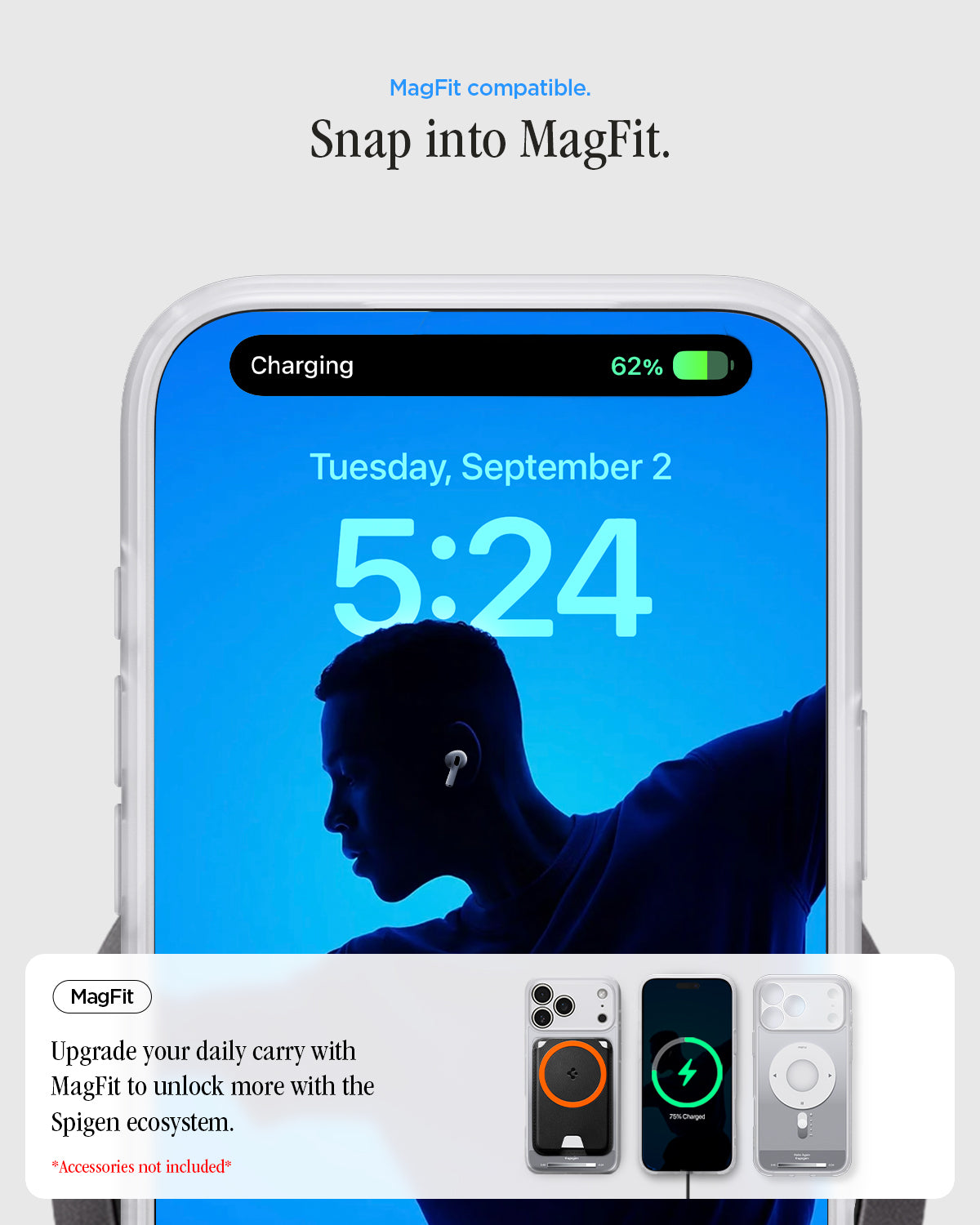 ACS10075 - iPhone 17 Pro Case Ultra Hybrid Classic (MagFit) in Classic Silver showing magfit compatible. snap into magfit. upgrade your daily carry with magfit to unlock more with the spigen ecosystem.