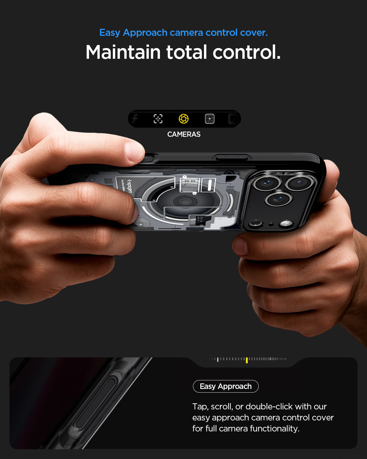 ACS10073 - iPhone 17 Pro Case Ultra Hybrid Zero One (MagFit) in Zero One Black showing easy approach camera control cover. Maintain total control. Tap, scroll, or double click with out east approach camera control cover for full camera functionality.