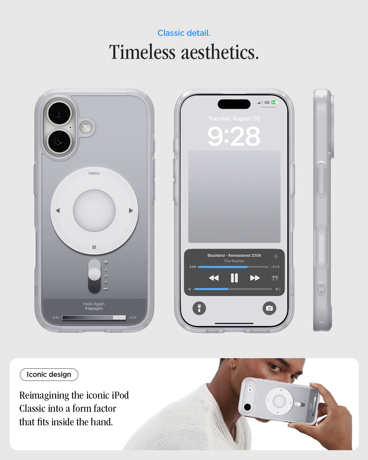 ACS10091 - iPhone 17 Ultra Hybrid Classic (MagFit) in Classic Silver showing classic detail. timeless aesthetics. iconic design. reimagining the iconic iPod Classic into a form factor that fits inside the hand.