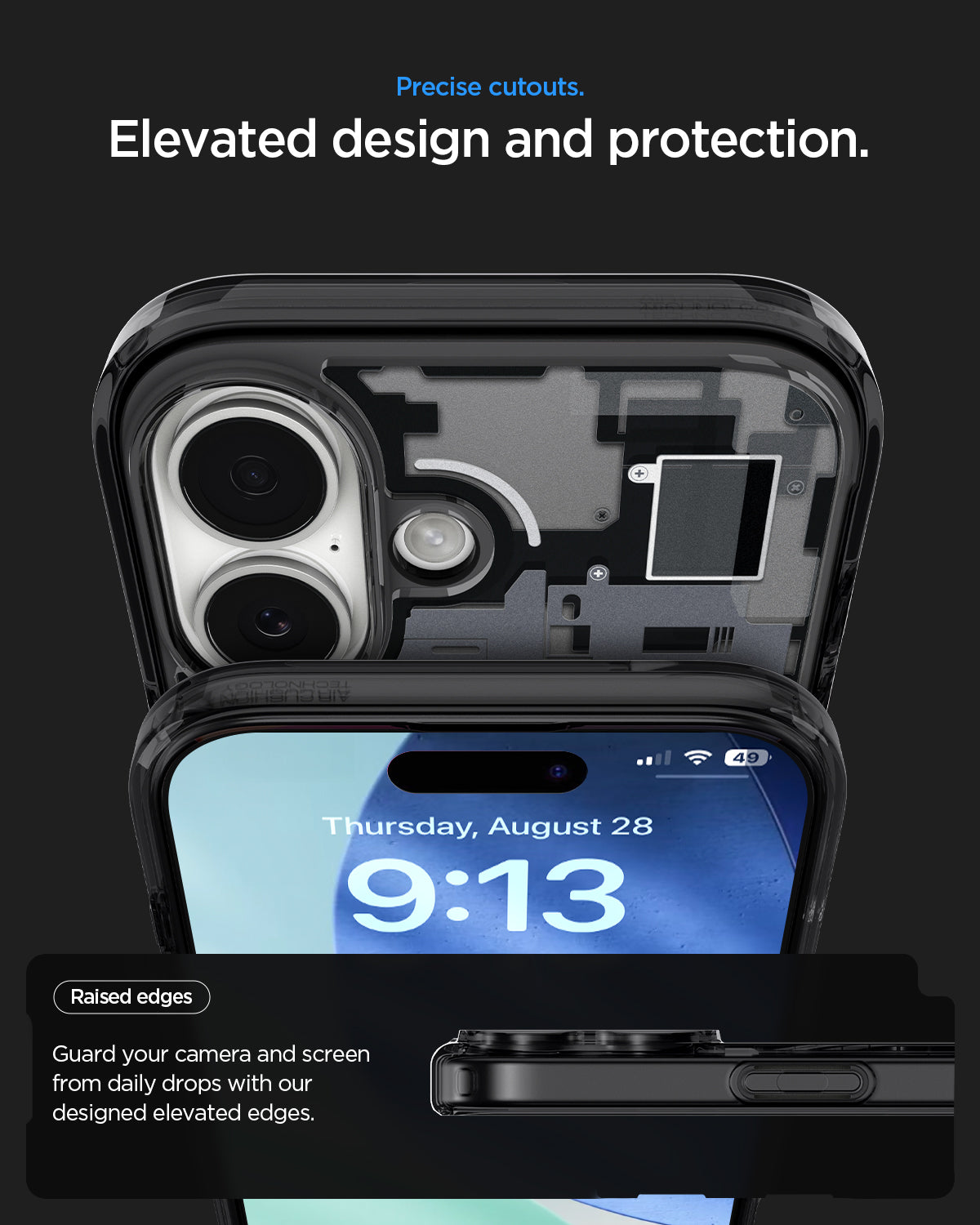 ACS10089 - iPhone 17 Ultra Hybrid Zero One (MagFit) in Zero One Black showing precise cutouts. Elevated design and protection. Raised edges guard your camera and screen from daily drops with our designed elevated edges.