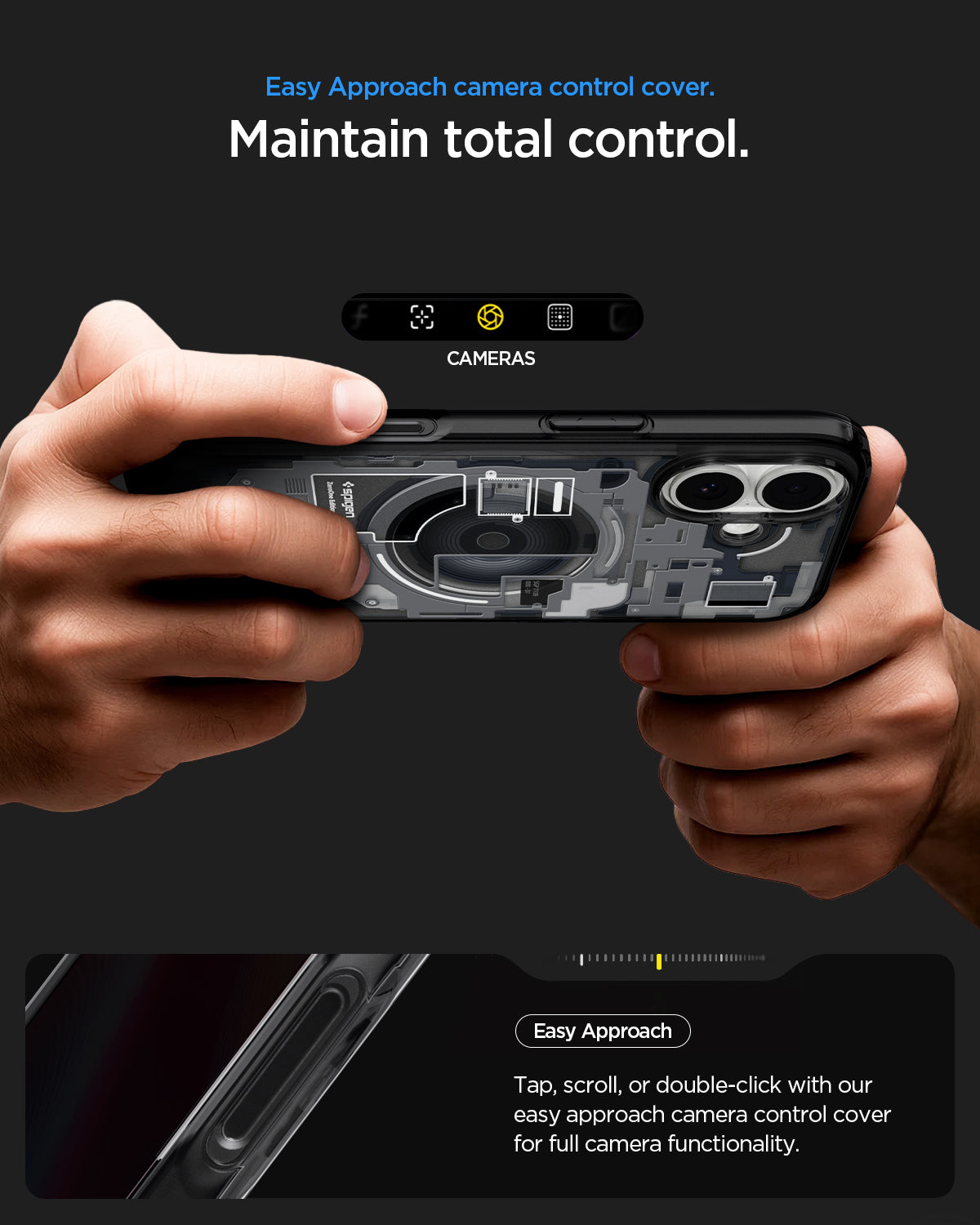 ACS10089 - iPhone 17 Ultra Hybrid Zero One (MagFit) in Zero One Black showing easy approach camera control cover. Maintain total control. Tap, scroll, or double click with out east approach camera control cover for full camera functionality.
