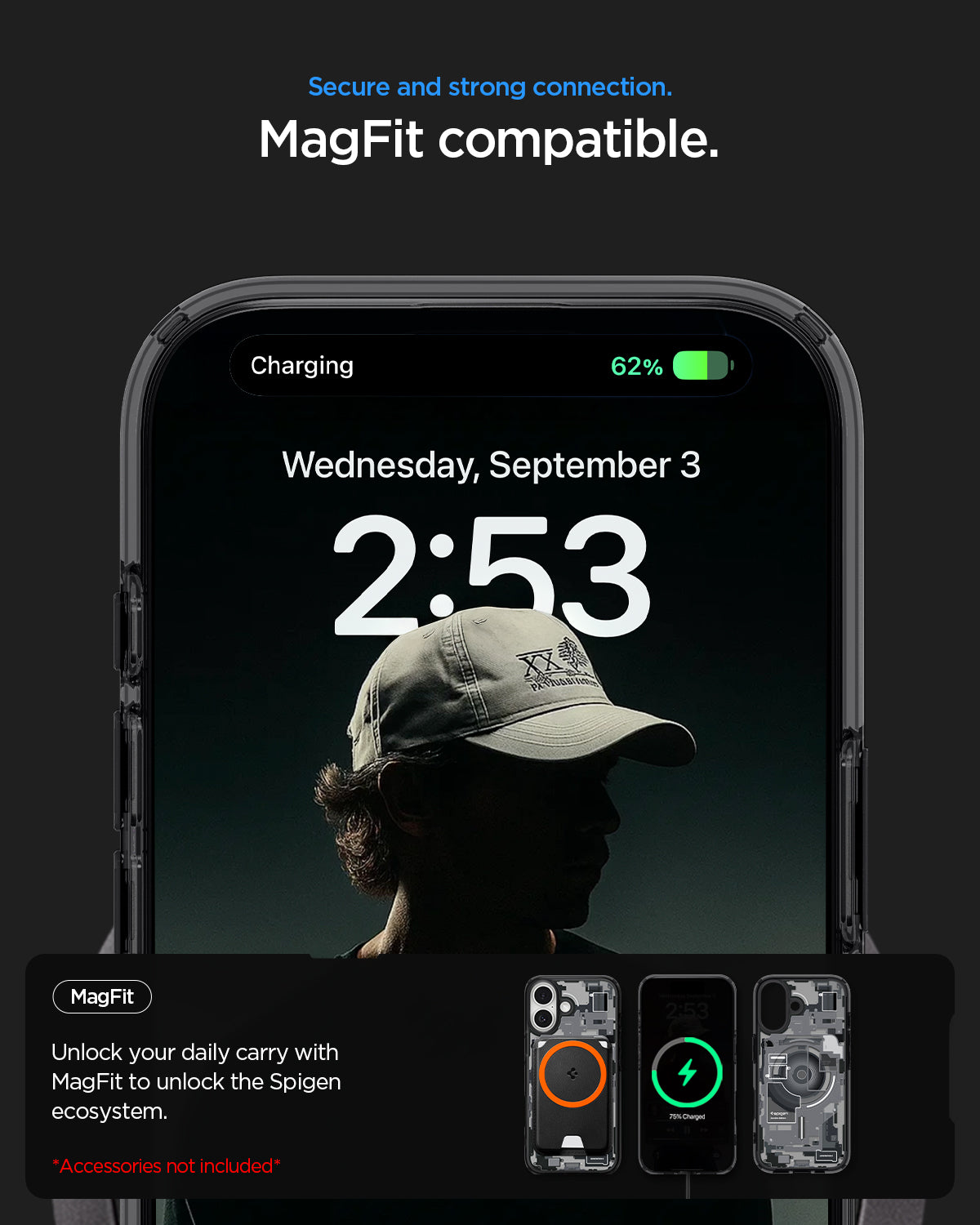 ACS10089 - iPhone 17 Ultra Hybrid Zero One (MagFit) in Zero One Black showing secure and strong connection. magfit compatible. unlock your daily carry with magfit to unlock the spigen ecosystem.