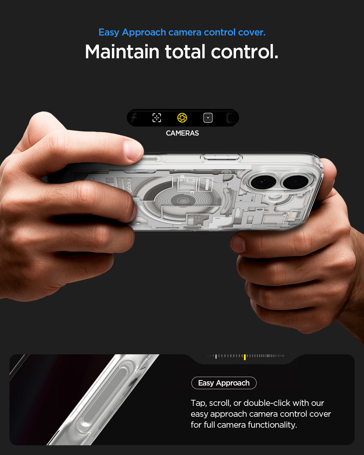 ACS10088 - iPhone 17 Ultra Hybrid Zero One (MagFit) in Zero One Natural Titanium showing easy approach camera control cover. Maintain total control. Tap, scroll, or double click with out east approach camera control cover for full camera functionality.