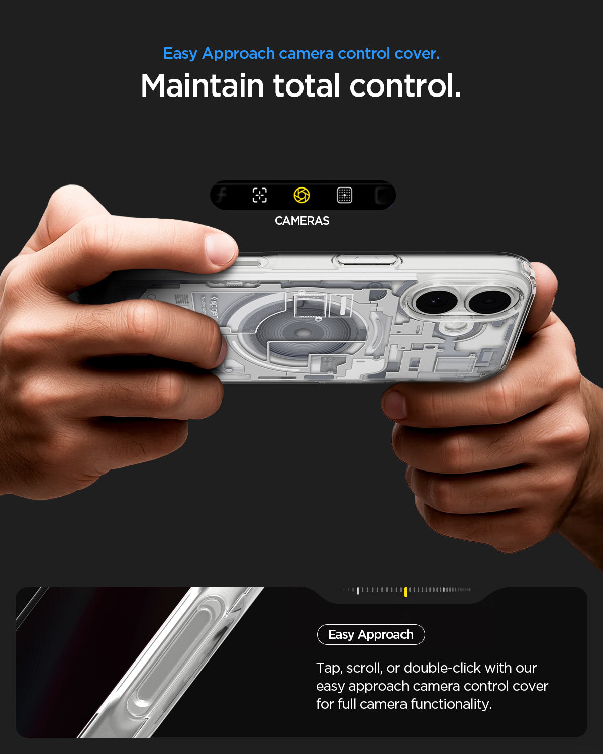 ACS10087 - iPhone 17 Ultra Hybrid Zero One (MagFit) in Zero One White showing easy approach camera control cover. Maintain total control. Tap, scroll, or double click with out east approach camera control cover for full camera functionality.
