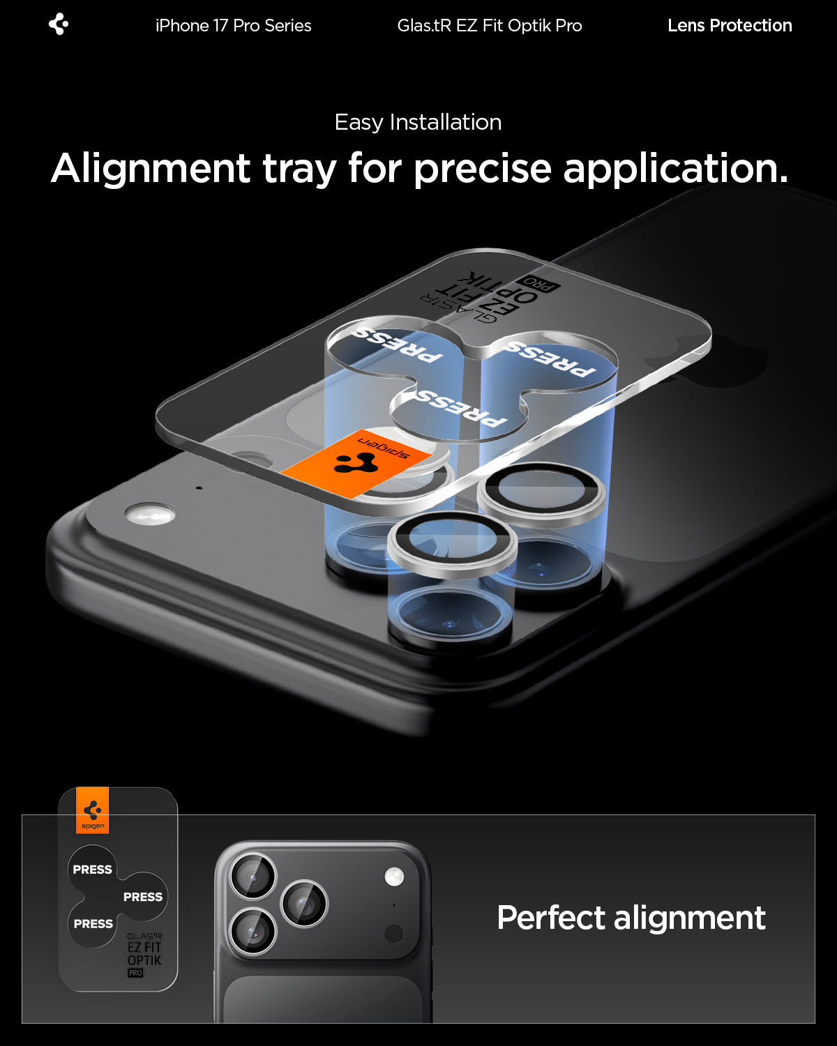 AGL10124 - iPhone 17 Pro Max Optik Pro EZ Fit Lens Protector showing the easy installation with alignment tray for precise application