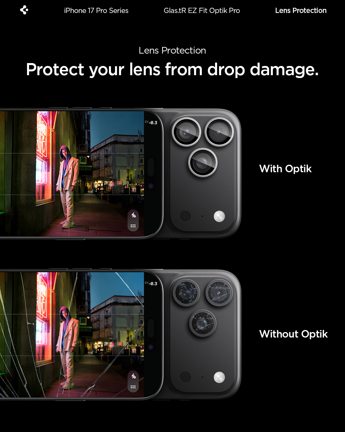 AGL10124 - iPhone 17 Pro Max Optik Pro EZ Fit Lens Protector showing the lens protection. Protect your lens from drop damage.