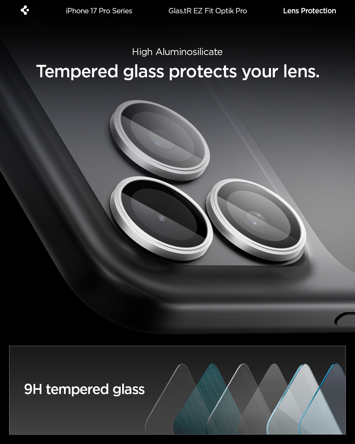 AGL10124 - iPhone 17 Pro Max Optik Pro EZ Fit Lens Protector showing the high aluminosilicate. Tempered glass protects your lens.