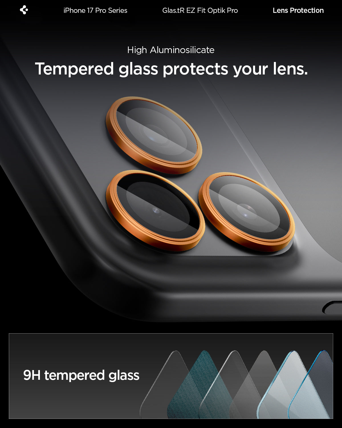 AGL10123 - iPhone 17 Pro Max Optik Pro EZ Fit Lens Protector showing the high aluminosilicate. Tempered glass protects your lens.