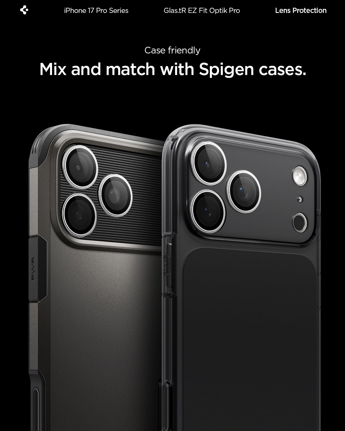AGL10124 - iPhone 17 Pro Max Optik Pro EZ Fit Lens Protector showing the case friendliness. Mix and match with Spigen cases.