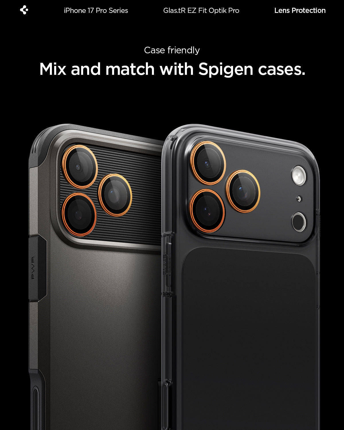 AGL10123 - iPhone 17 Pro Max Optik Pro EZ Fit Lens Protector showing the case friendliness. Mix and match with Spigen cases.
