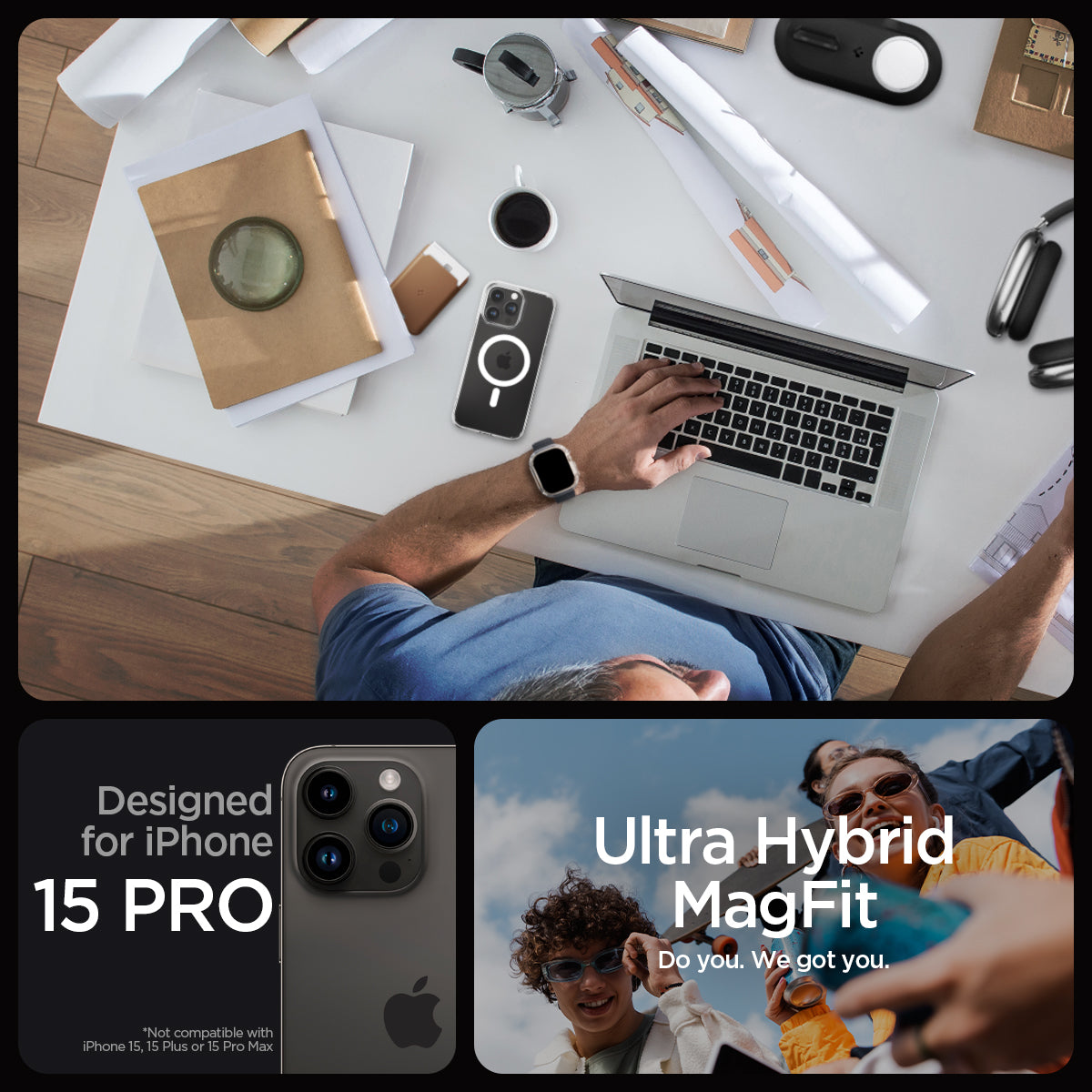 ACS06715 - iPhone 15 Pro Case Ultra Hybrid (MagFit) in white designed for iPhone 15 pro. ultra hybrid magfit. do you. we got you.