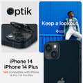 AGL05274 - iPhone 14 / 14 Plus Optik Lens Protector in black keep a lookout showing the compatibility only with iPhone 14, 14 plus. Not compatible with iPhone 14 pro, 14 pro max.