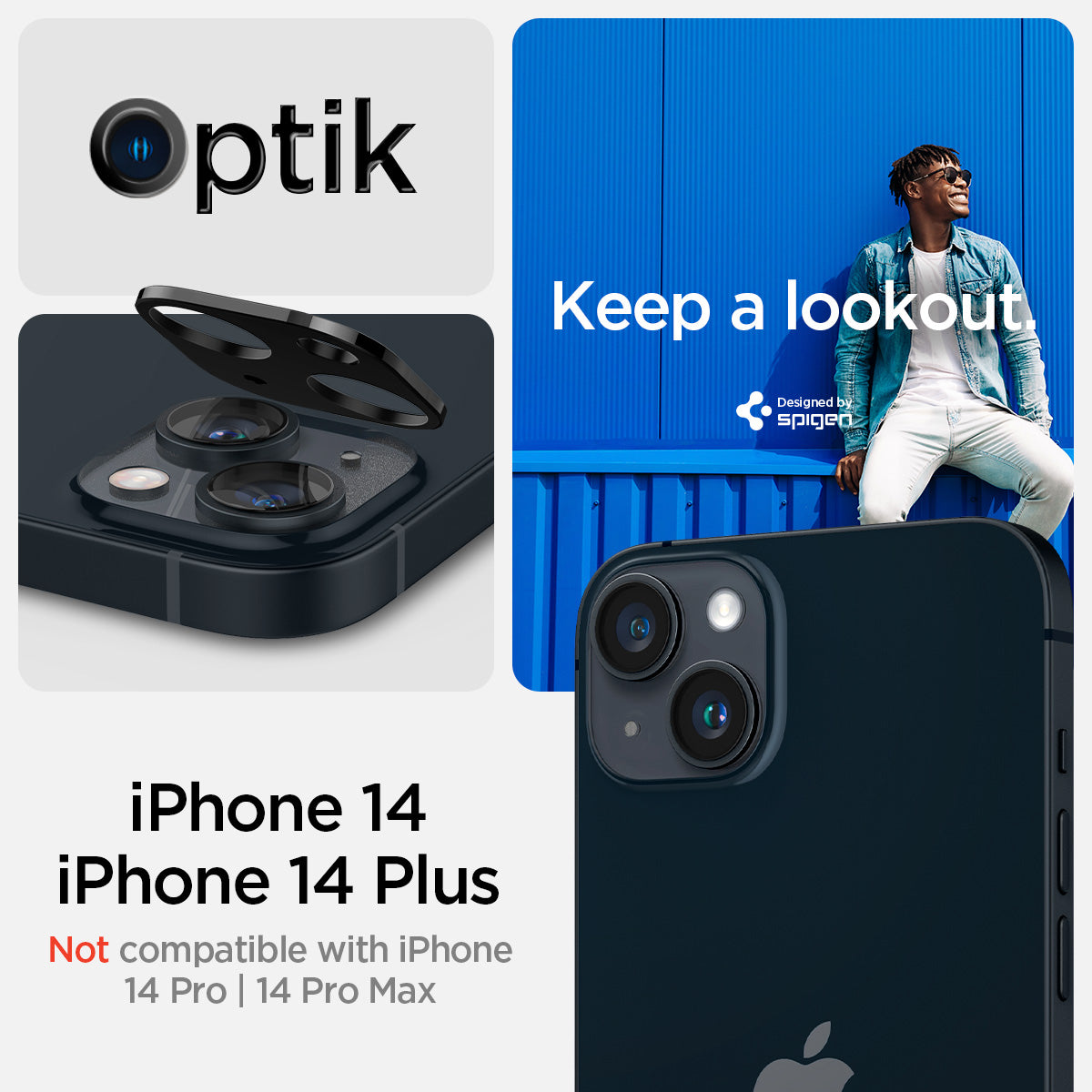 AGL05274 - iPhone 14 / 14 Plus Optik Lens Protector in black keep a lookout showing the compatibility only with iPhone 14, 14 plus. Not compatible with iPhone 14 pro, 14 pro max.