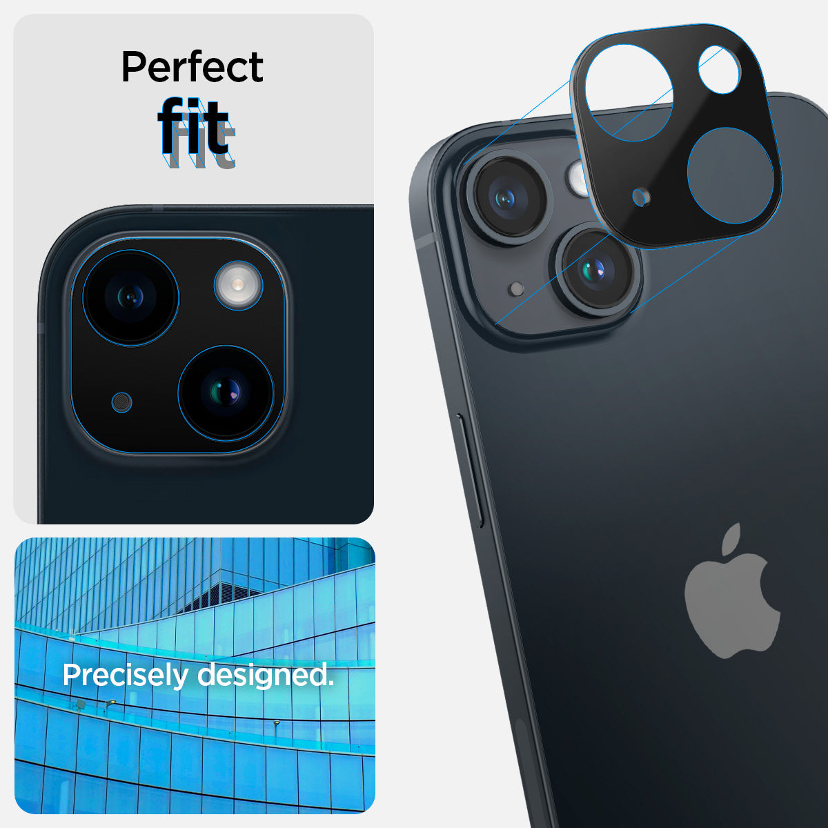 AGL05274 - iPhone 14 / 14 Plus Optik Lens Protector in black showing the perfect fit. Precisely designed.