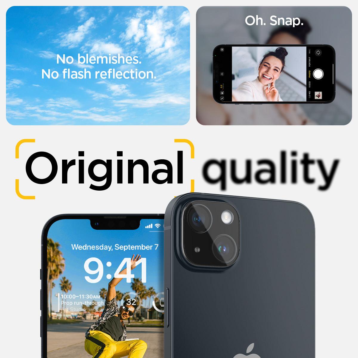 AGL05274 - iPhone 14 / 14 Plus Optik Lens Protector in black showing the no blemishes, no flash reflection oh, snap, original quality.