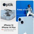 AGL05762 - iPhone 14 / 14 Plus Optik Lens Protector in crystal clear keep a lookout showing the compatibility only with iPhone 14, 14 plus. Not compatible with iPhone 14 pro, 14 pro max.