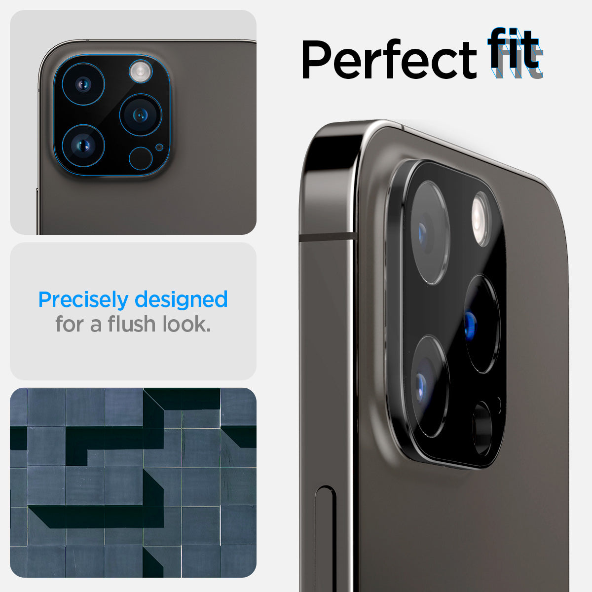 AGL06913 - iPhone 14 Pro / 14 Pro Max Optik Lens Protector in black showing the perfect fit. Precisely designed for a flush look