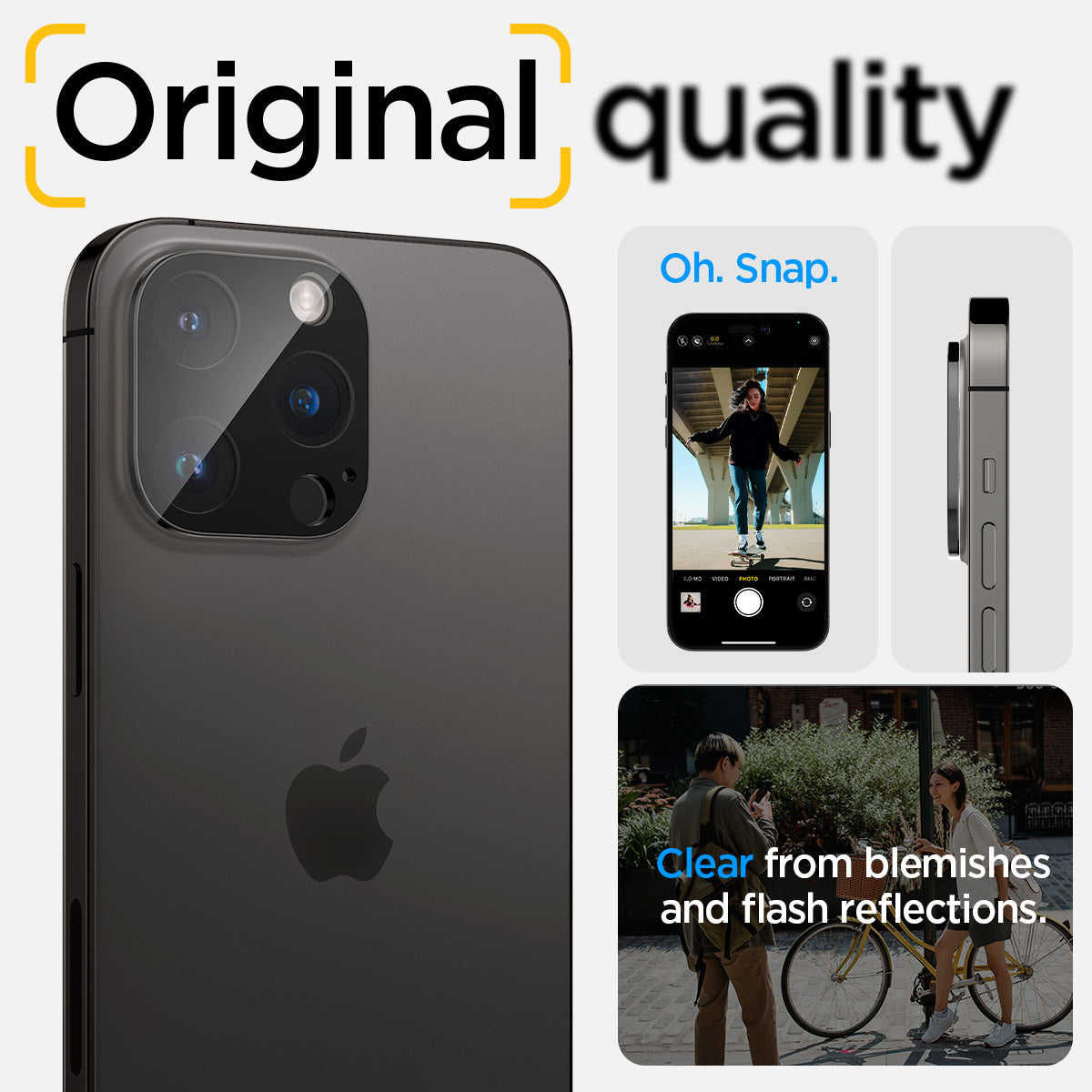 AGL06913 - iPhone 14 Pro / 14 Pro Max Optik Lens Protector in black showing the no blemishes, no flash reflection oh, snap, original quality.