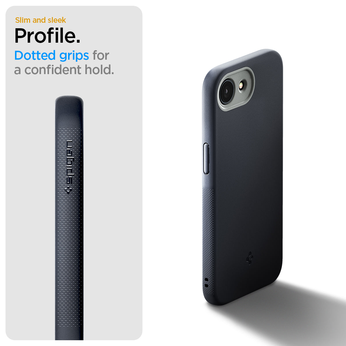 ACS09155 - iPhone 16e Case Nano Pop (MagFit) in Black Sesame showing the slim and sleek profile. Dotted grips for a confident hold