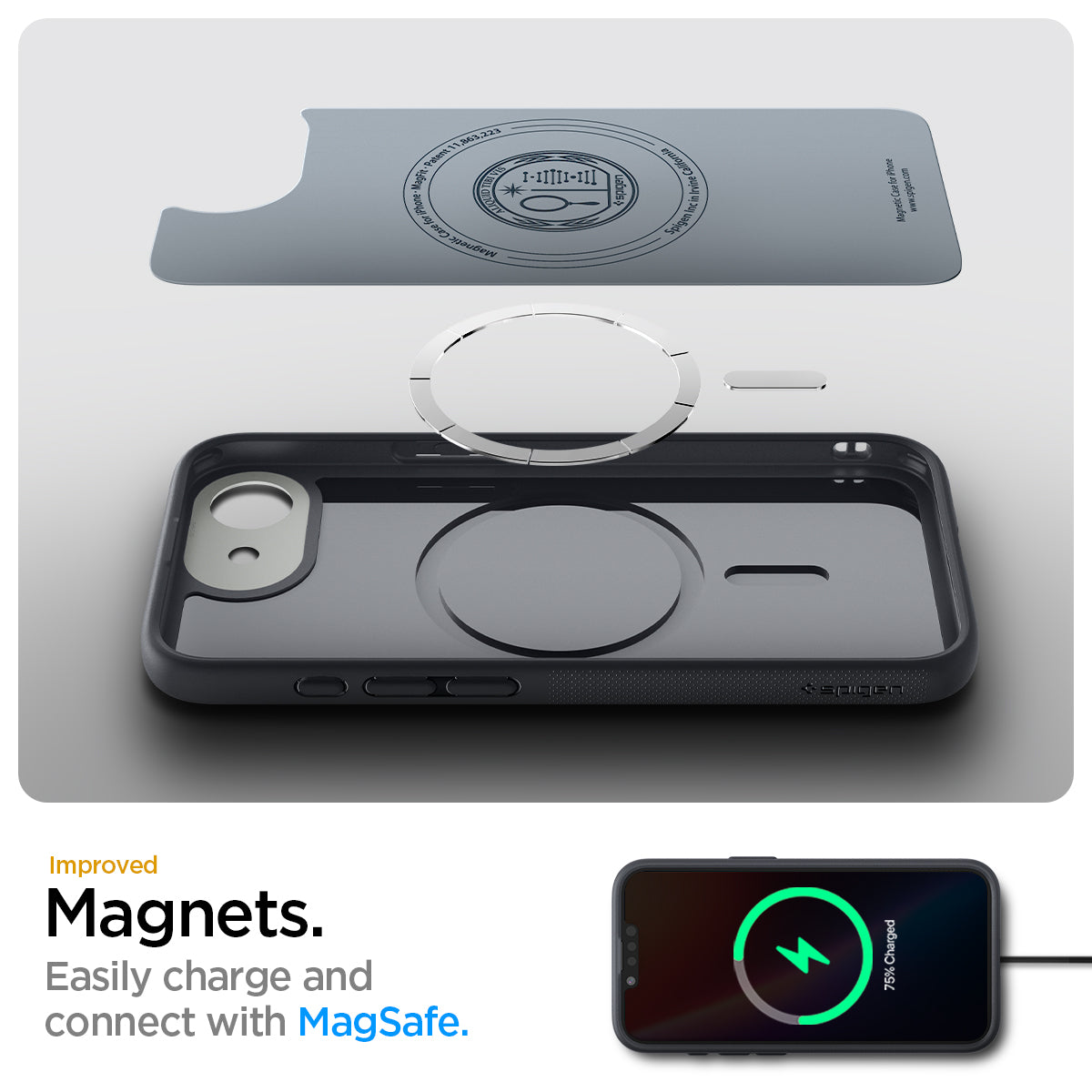 ACS09155 - iPhone 16e Case Nano Pop (MagFit) in Black Sesame showing the Magnets Easily charge and connect with MagSafe