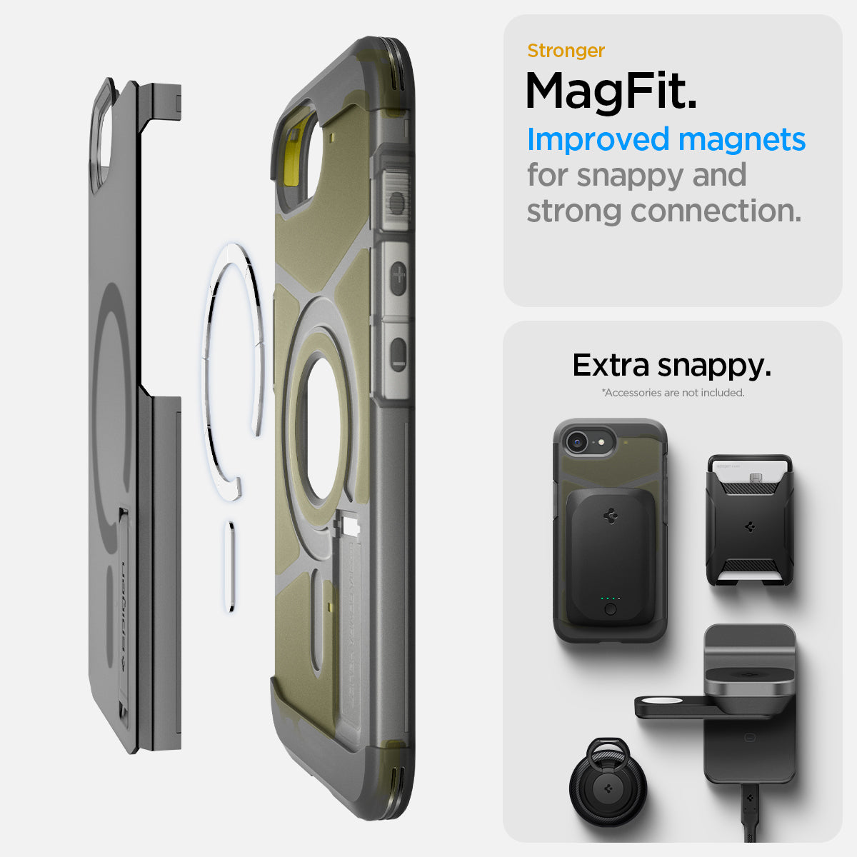 ACS09138 - iPhone 16e Case Tough Armor AI (MagFit) in Frost Black showing the stronger MagFit. Improved magnets for snappy and strong connection.