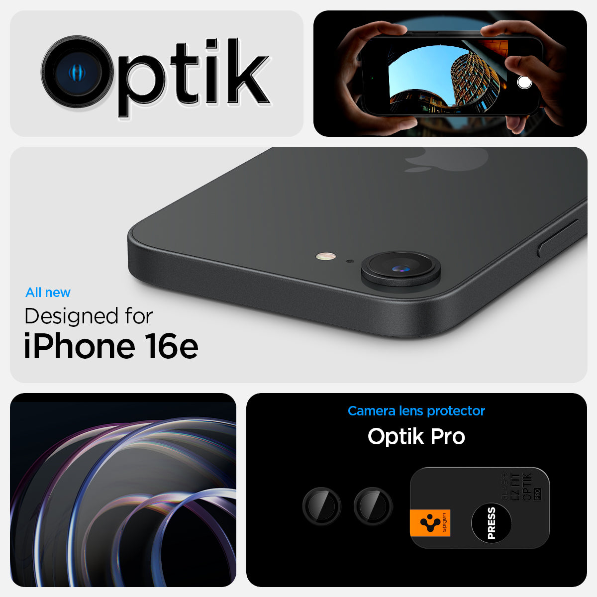 AGL09279 - iPhone 16e Optik Pro EZ Fit Lens Protector in Black showing the all new design for iPhone 16e. Camera lens protector. Optik Pro