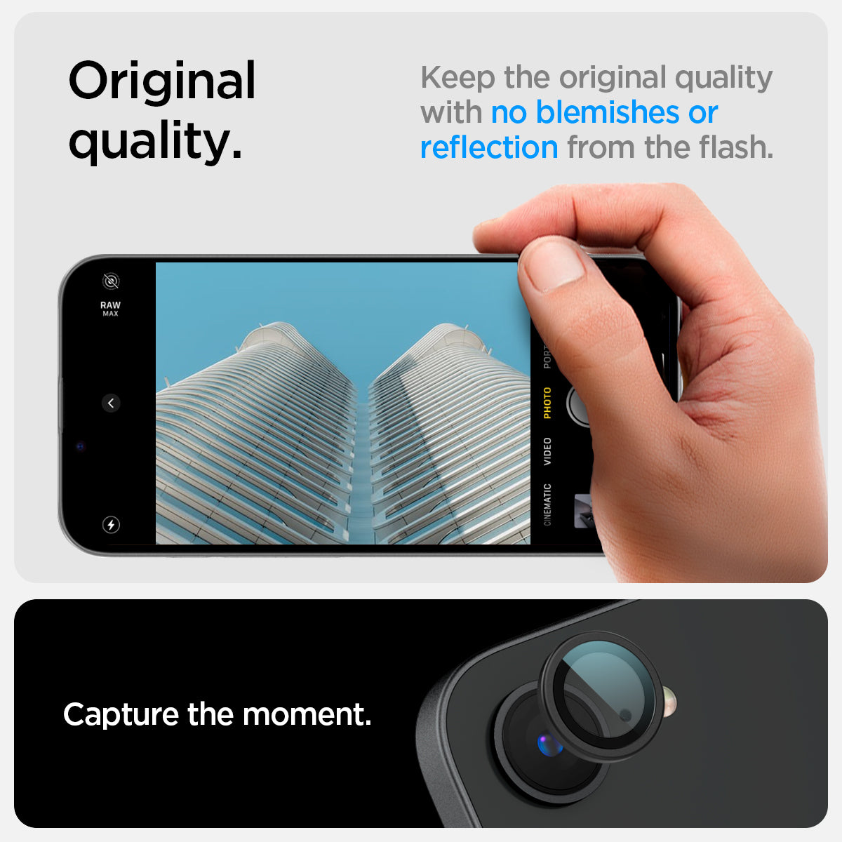 AGL09279 - iPhone 16e Optik Pro EZ Fit Lens Protector in Black showing the original quality. Keep the original quality with no blemishes or reflection form the flash