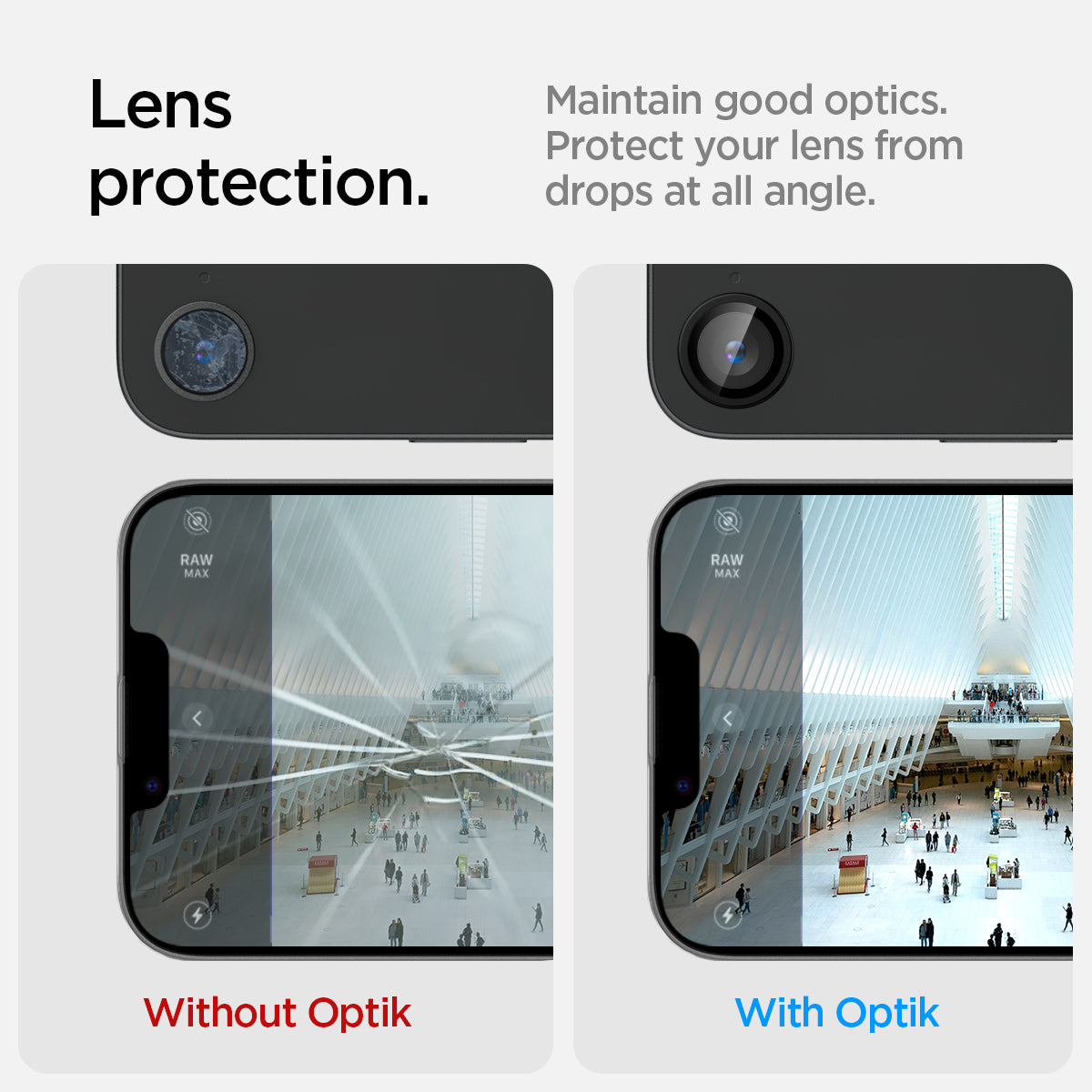 AGL09279 - iPhone 16e Optik Pro EZ Fit Lens Protector in Black showing the lens protection. Maintain good optics. Protect your lens from drops