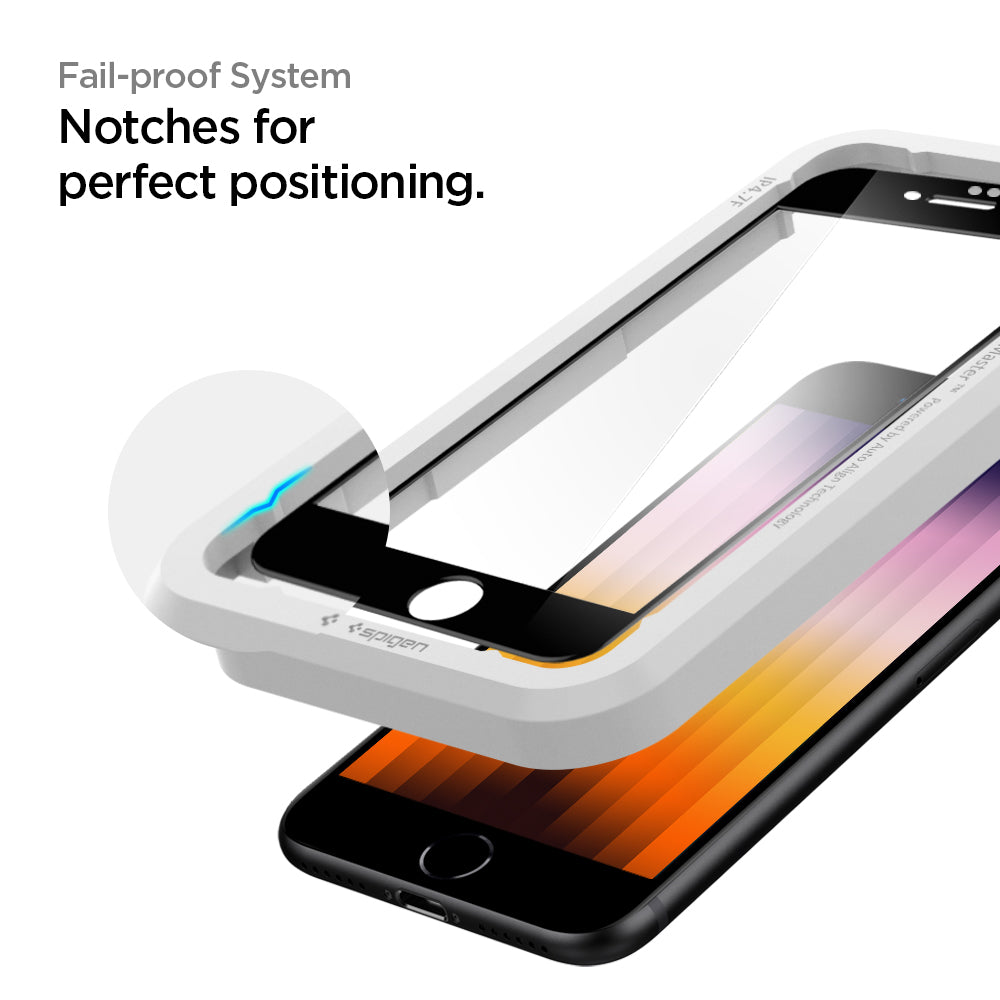 AGL01302 - iPhone SE Series Alignmaster Full Cover Screen Protector in black showing the fail-proof System. Notches for perfect positioning